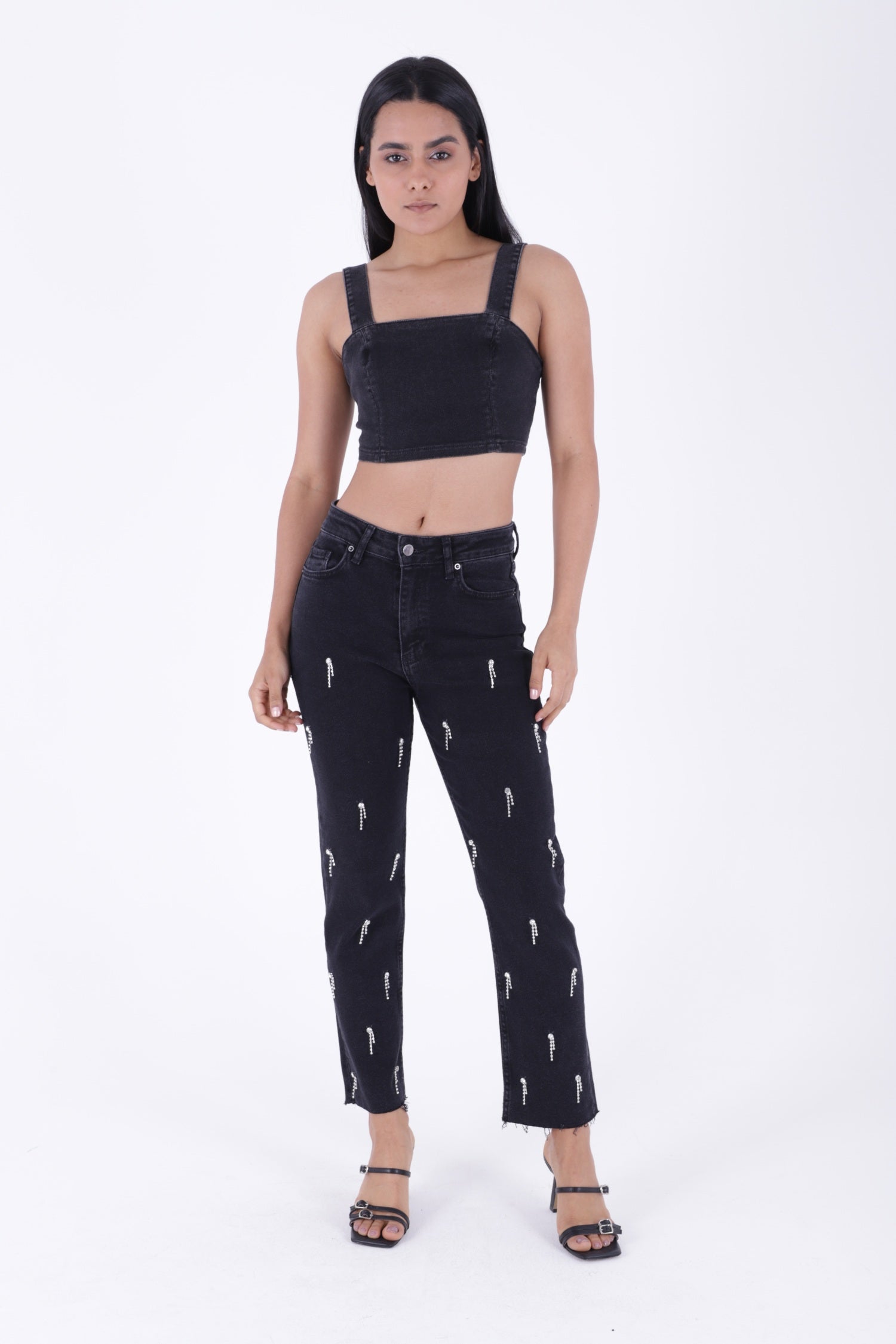 Damla Taşlı Mom Fit Kot Pantolon Düz Antrasit