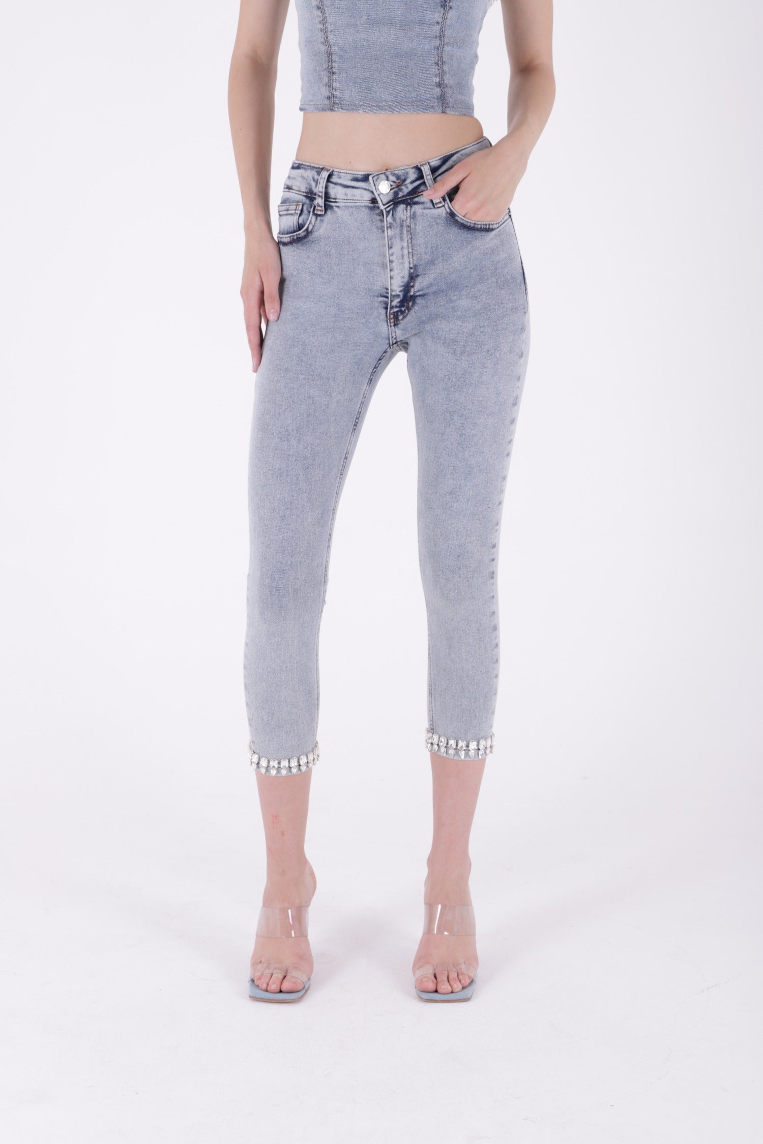 Paçası Taşlı Skinny Kot Pantolon - Kar Yıkama Açık Mavi - (28-33) - 2