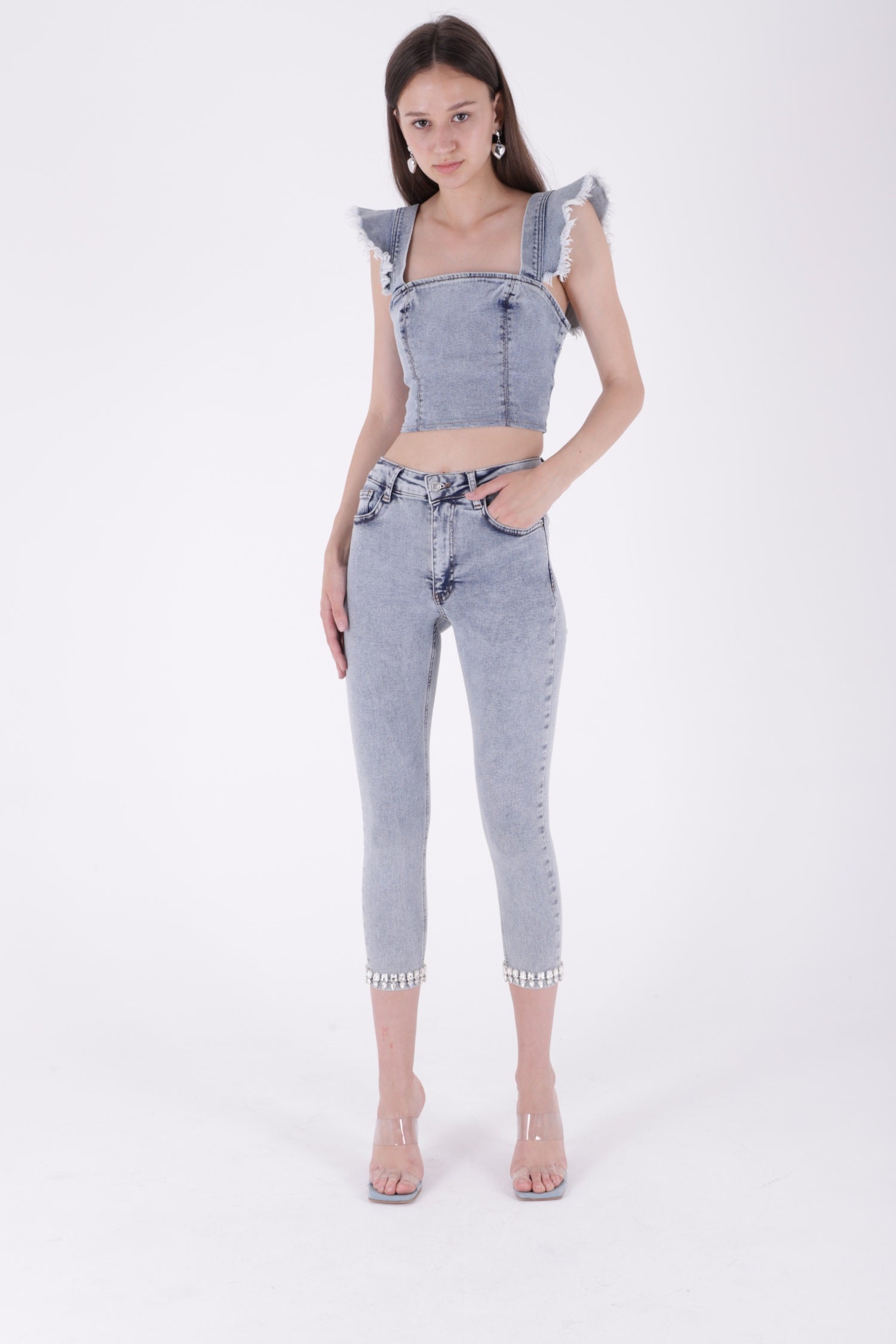 Paçası Taşlı Skinny Kot Pantolon Kar Yıkama Açık Mavi