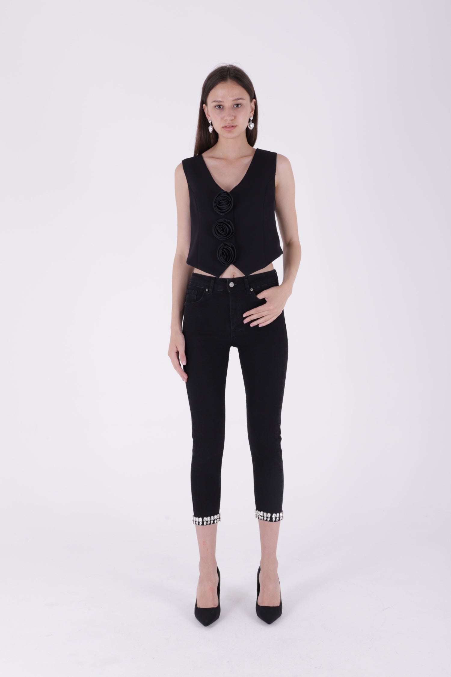Paçası Taşlı Skinny Kot Pantolon Düz Antrasit