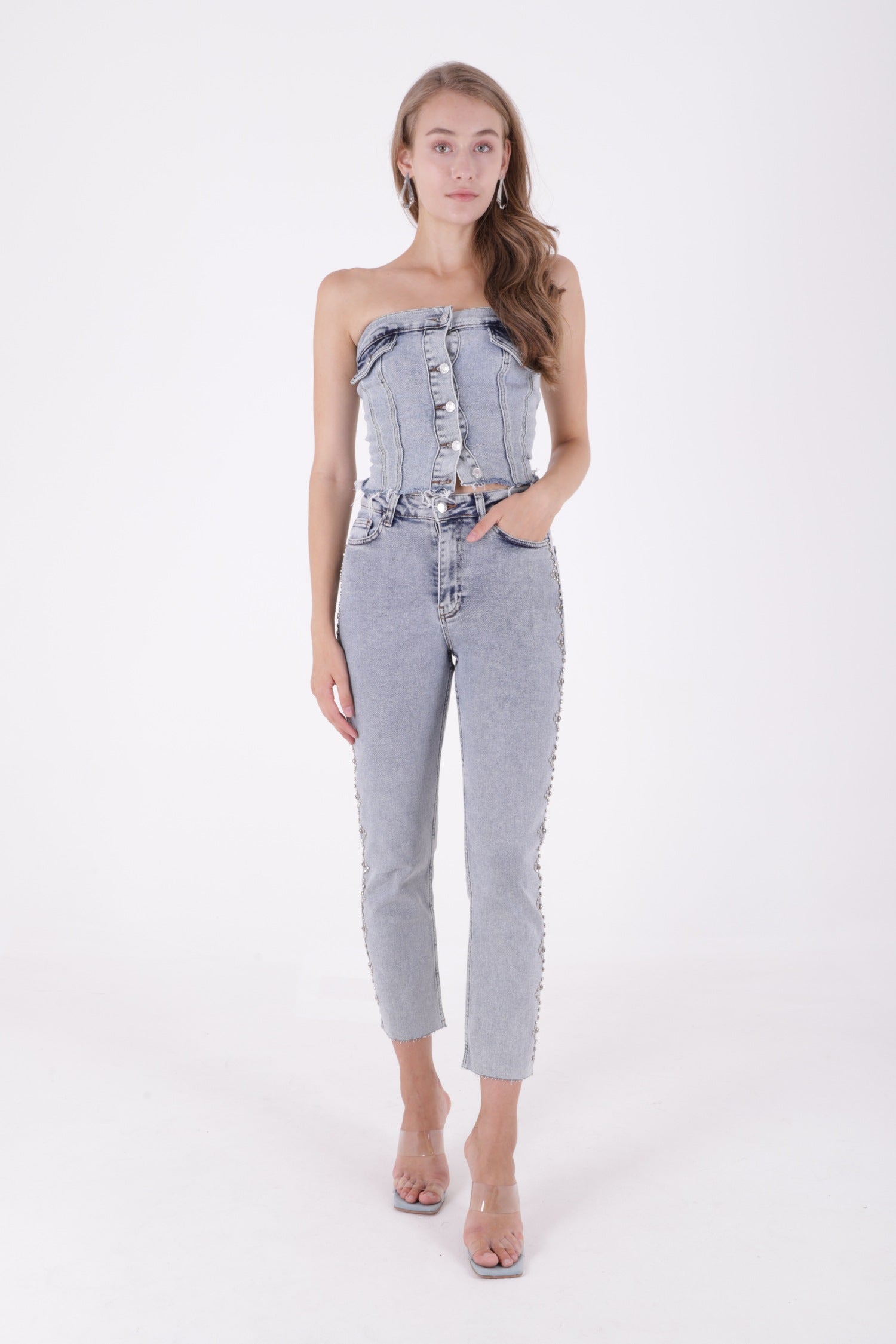Yanları Droplı Mom Fit Kot Pantolon Kar Yıkama Açık Mavi