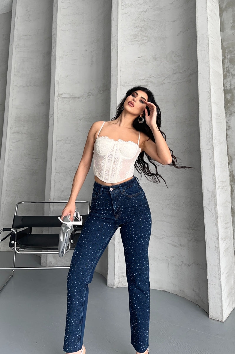 Serpme Yıldızlı Mom Fit Kot Pantolon - Düz Koyu Rins - (26-31) - 2