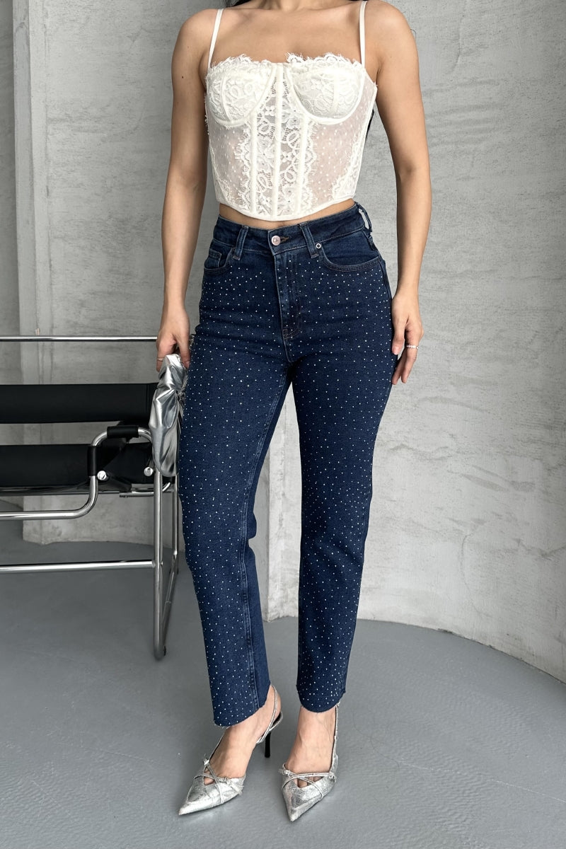 Serpme Yıldızlı Mom Fit Kot Pantolon Düz Koyu Rins