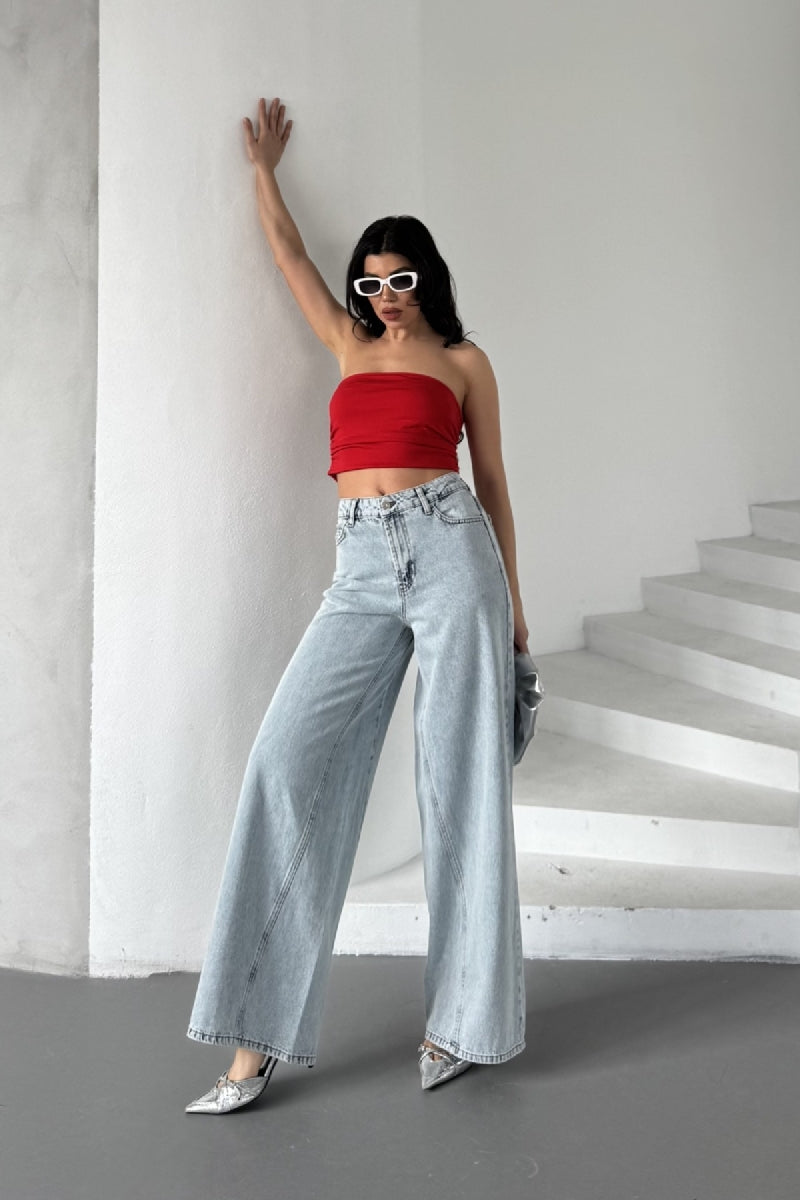 Parçalı Baggy Kot Pantolon - Buz Mavisi ve Tintli - (27-32) - 2