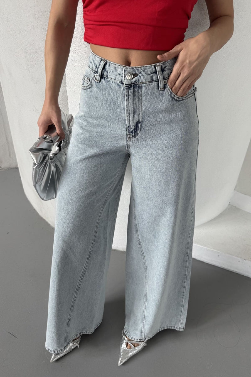 Parçalı Baggy Kot Pantolon - Buz Mavisi ve Tintli - (27-32) - 5