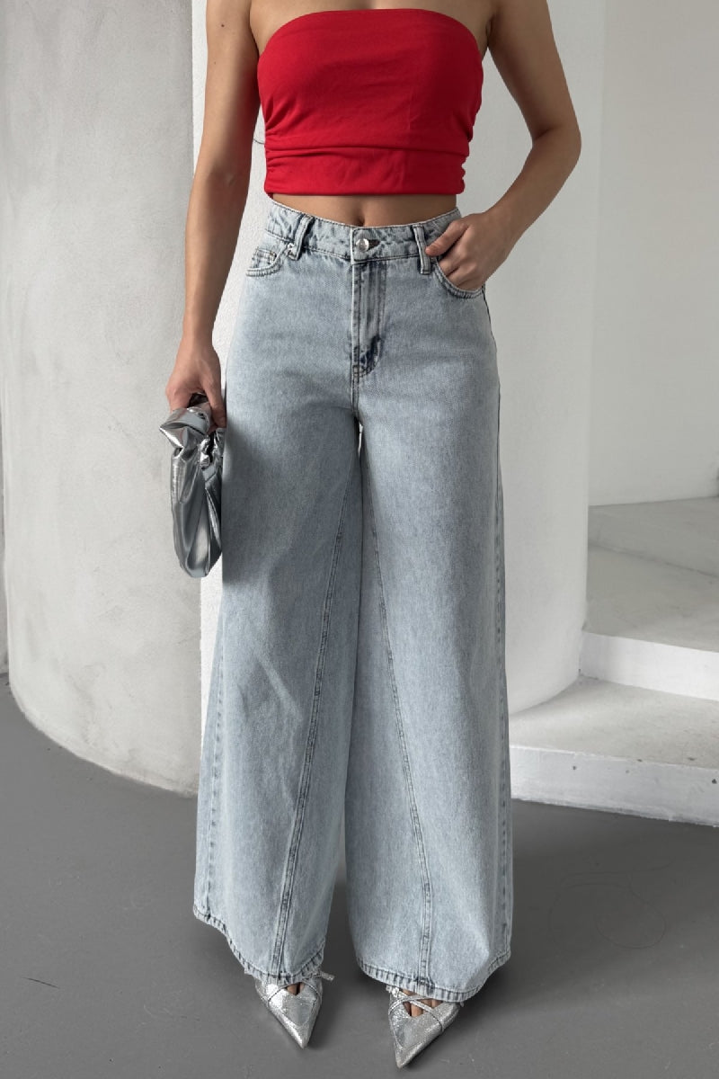Parçalı Baggy Kot Pantolon - Buz Mavisi ve Tintli - (27-32) - 6