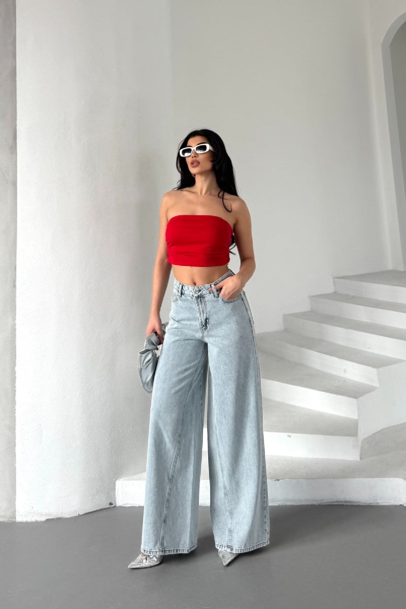Parçalı Baggy Kot Pantolon Buz Mavisi ve Tintli