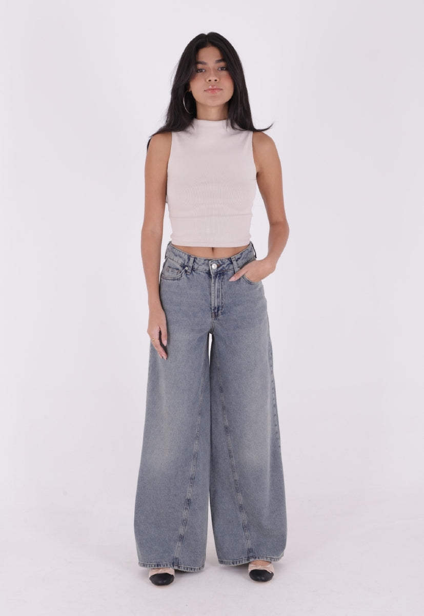 Parçalı Baggy Kot Pantolon Orta Mavi ve Tintli