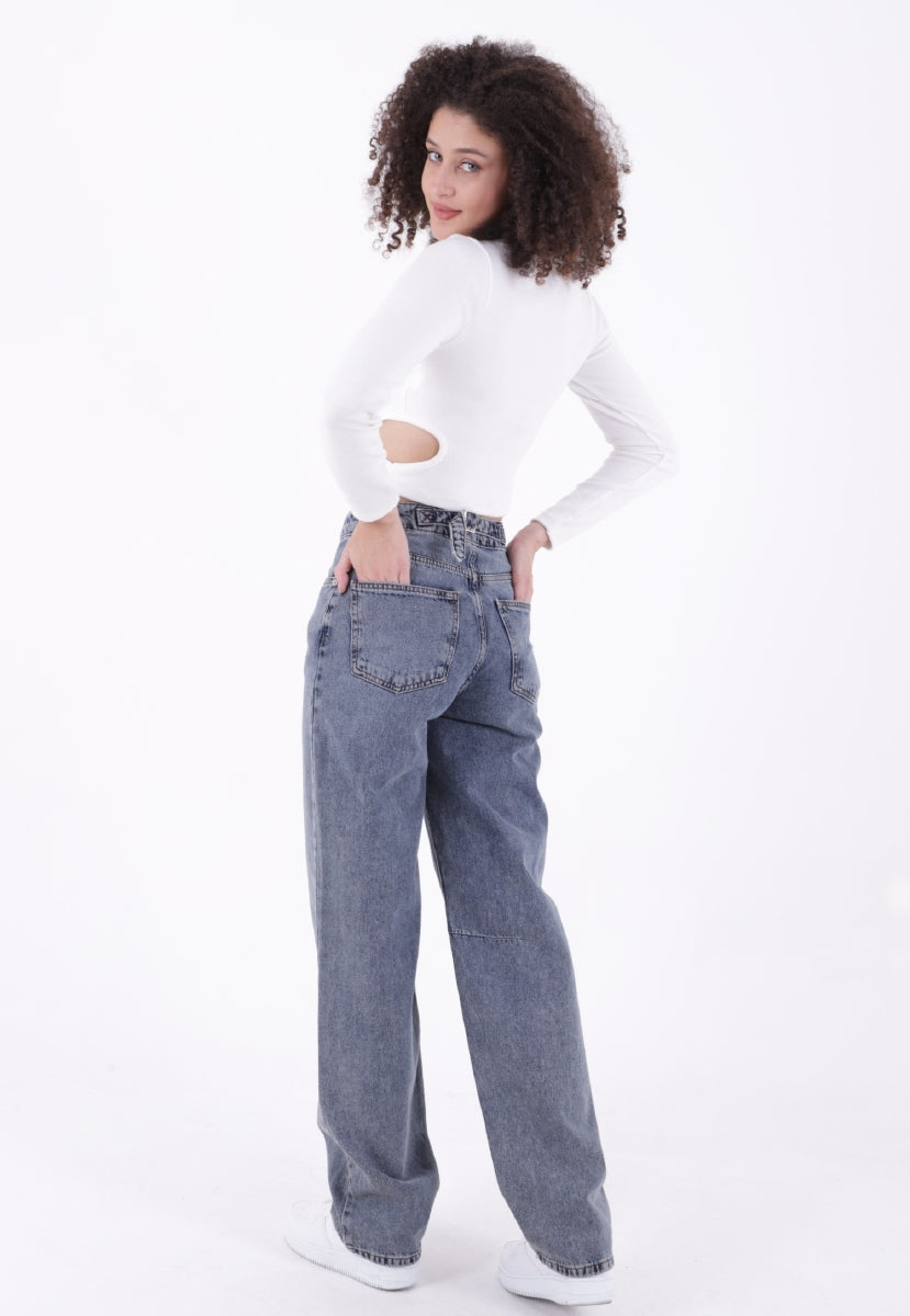 Dizi Pensli Baggy Kot Pantolon - Orta Mavi ve Tintli - (28-33) - 3