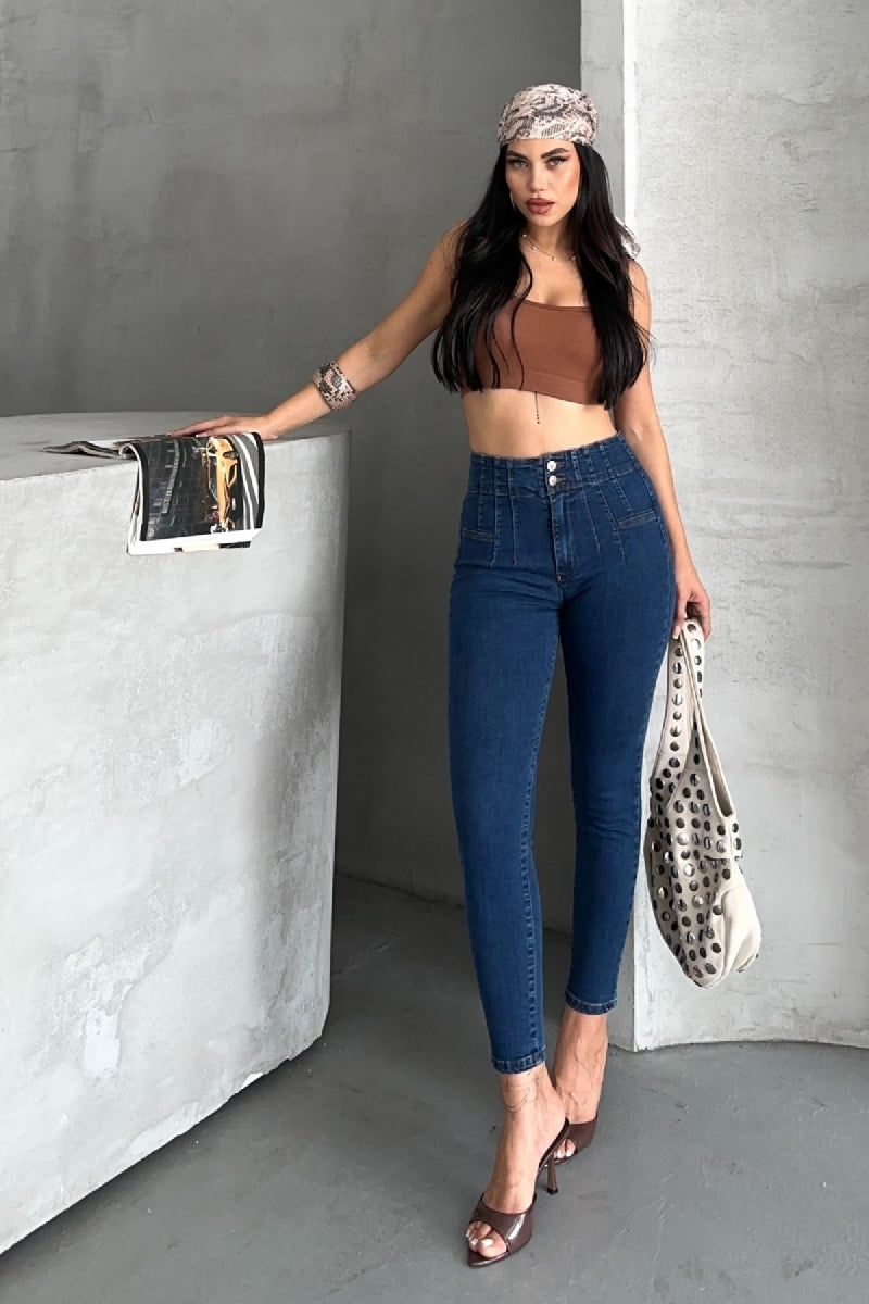 Pensli Skinny Kot Pantolon Düz Koyu Rins