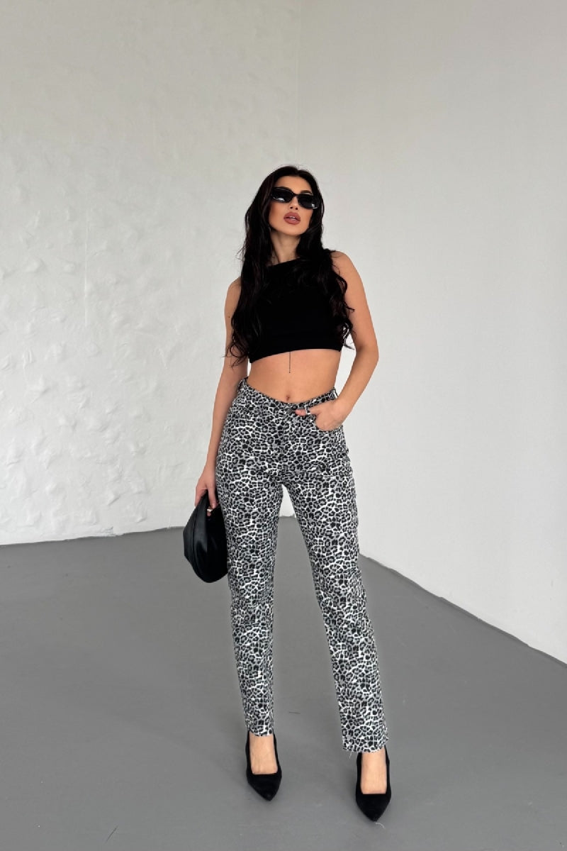 Mom Fit Kot Pantolon Siyah Leopar