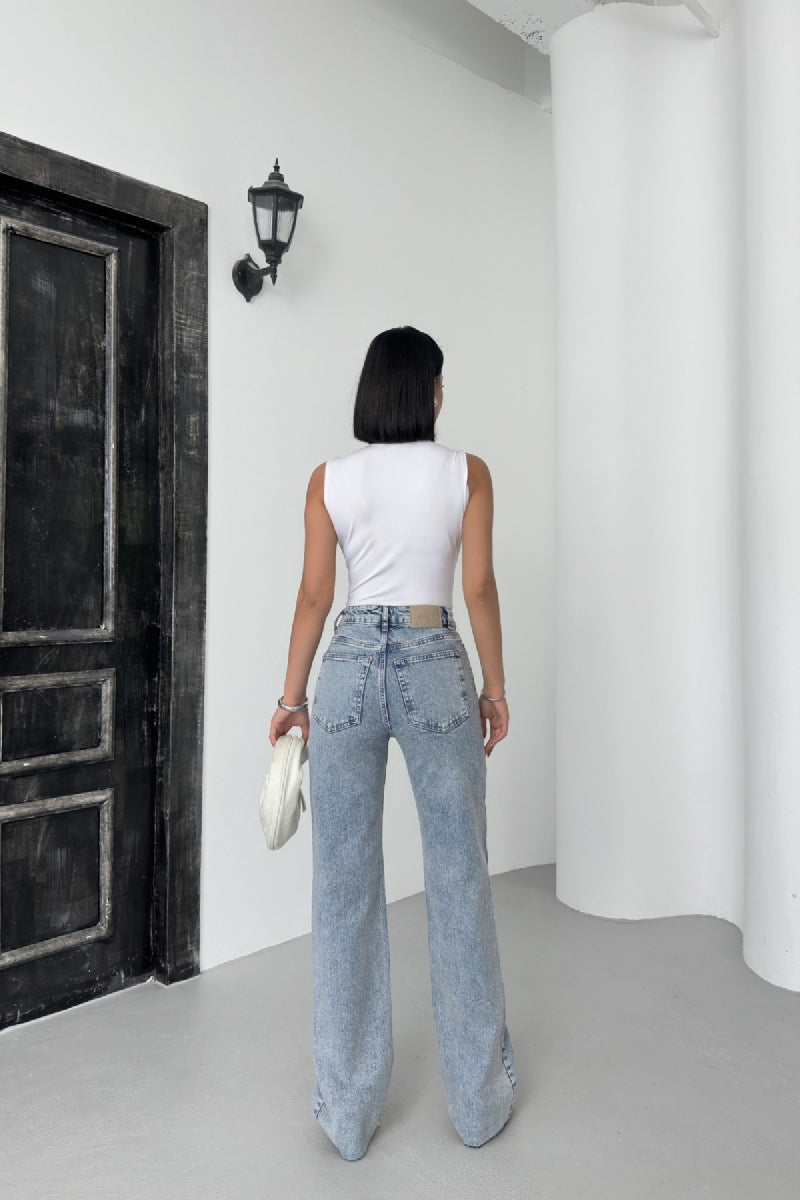 Kesik Paça Straight Fit Kot Pantolon - Açık Mavi ve Tintli - (26-31) - 3