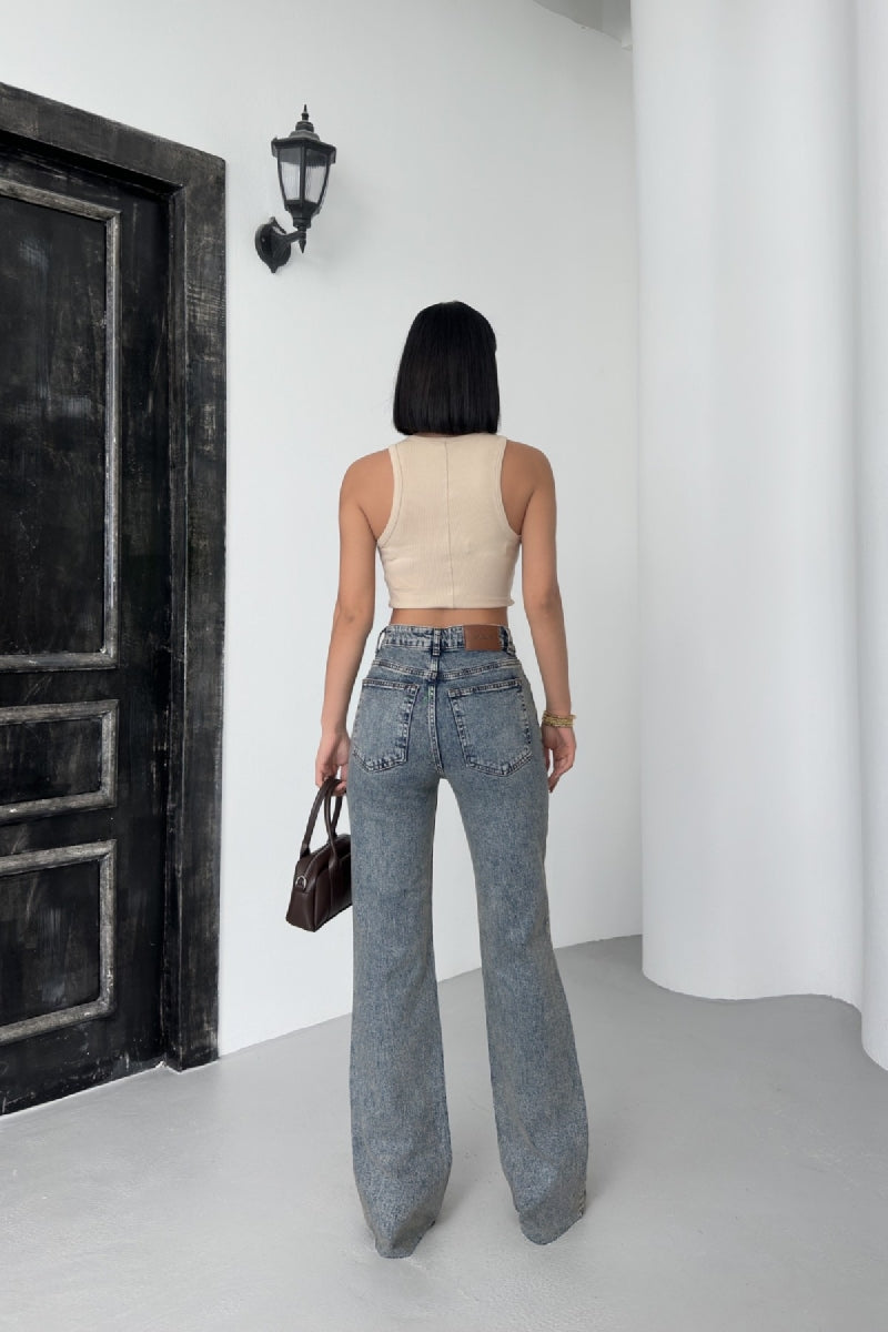 Kesik Paça Straight Fit Kot Pantolon - Orta Mavi ve Tintli - (26-31) - 4
