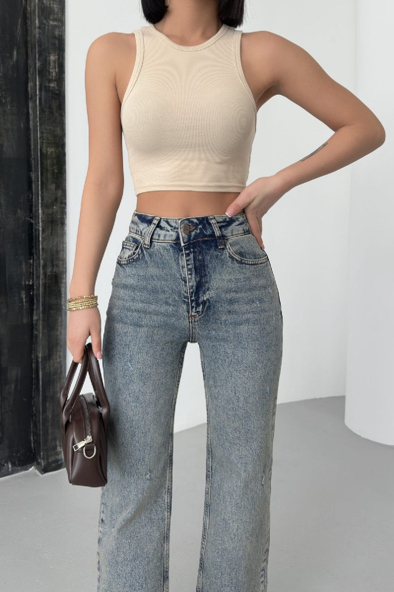 Kesik Paça Straight Fit Kot Pantolon - Orta Mavi ve Tintli - (28-33) - 5
