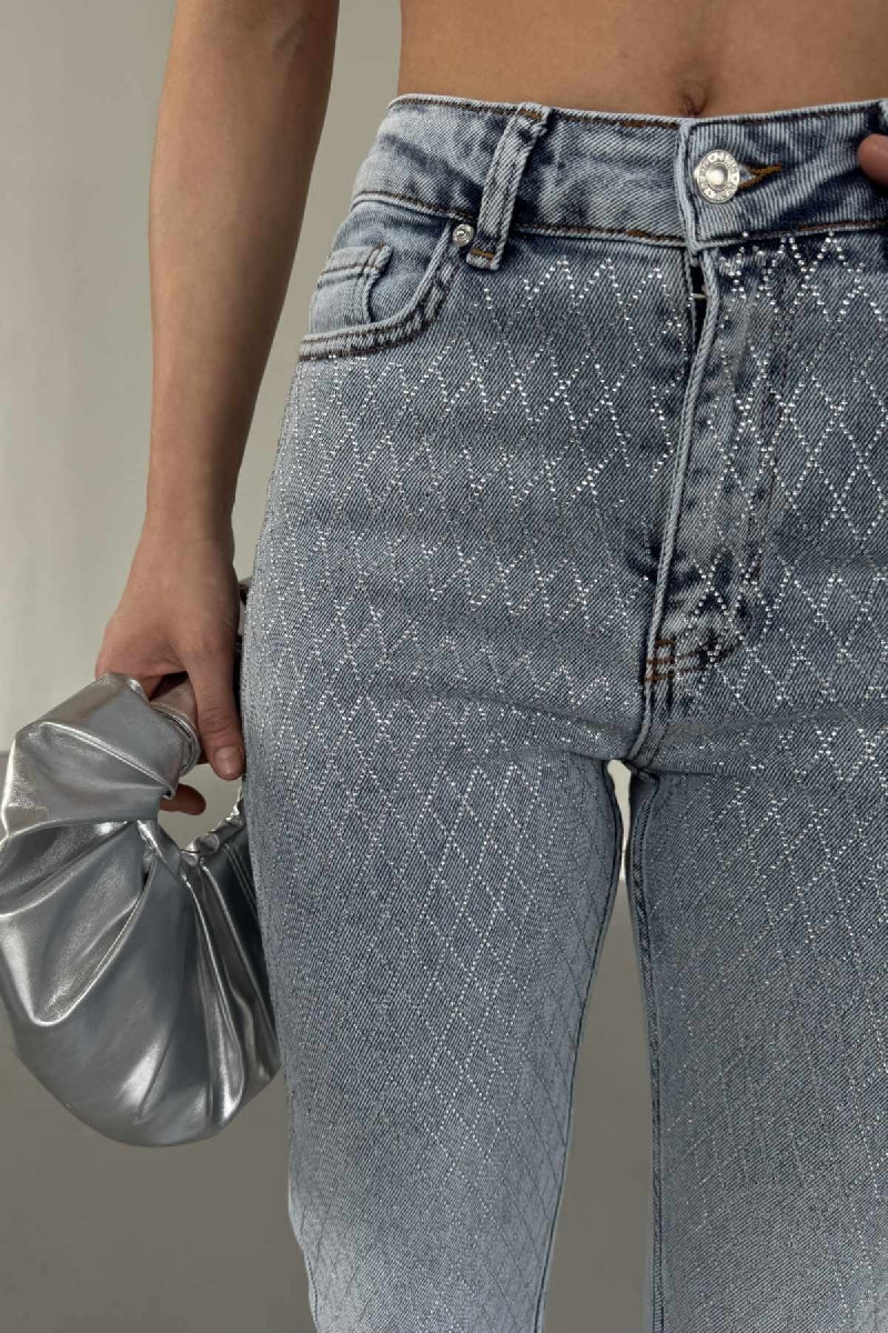 Taşlı Mom Fit Kot Pantolon - Kar Yıkama Açık Mavi - (26-31) - 5