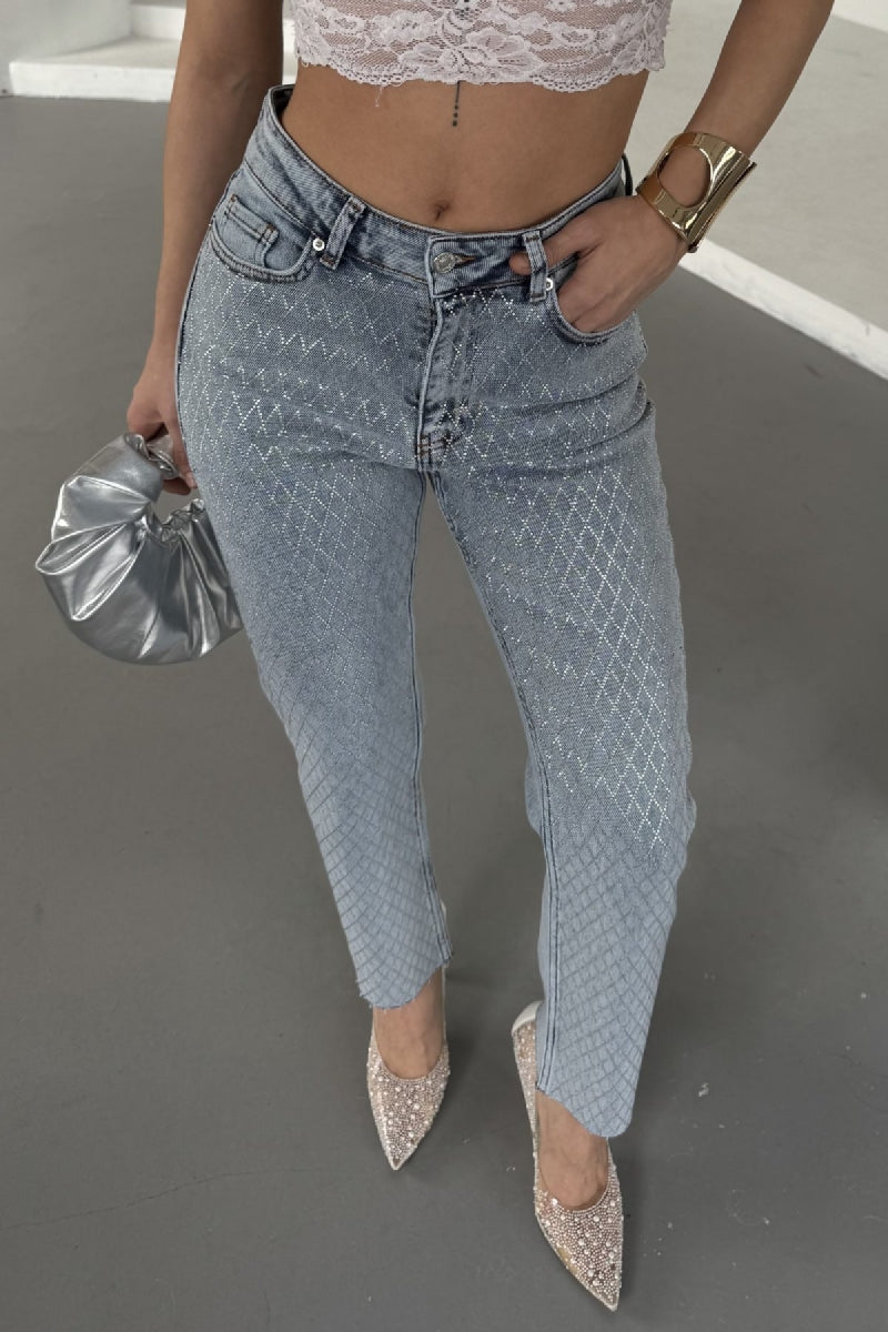 Taşlı Mom Fit Kot Pantolon - Kar Yıkama Açık Mavi - (26-31) - 6