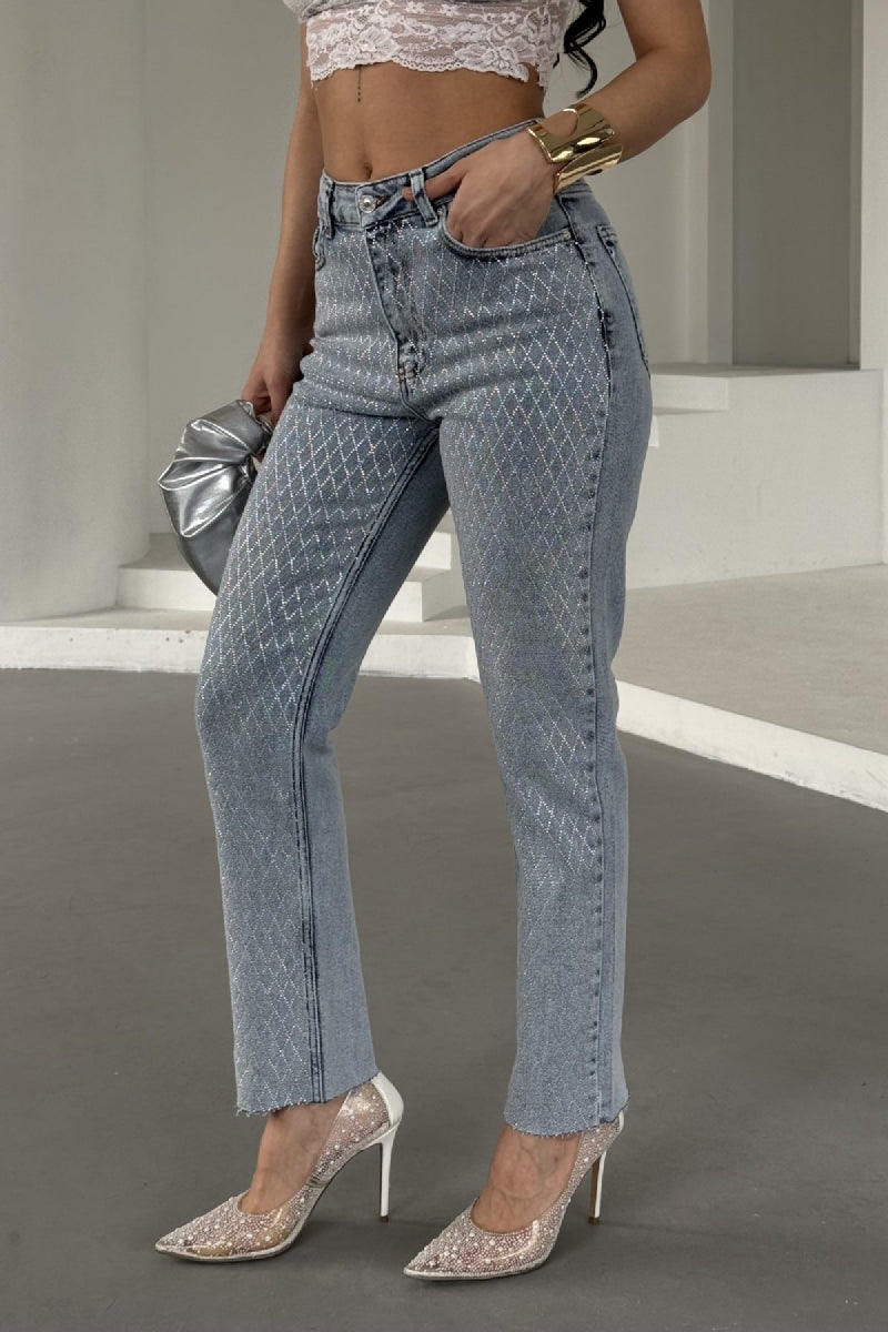 Taşlı Mom Fit Kot Pantolon Kar Yıkama Açık Mavi
