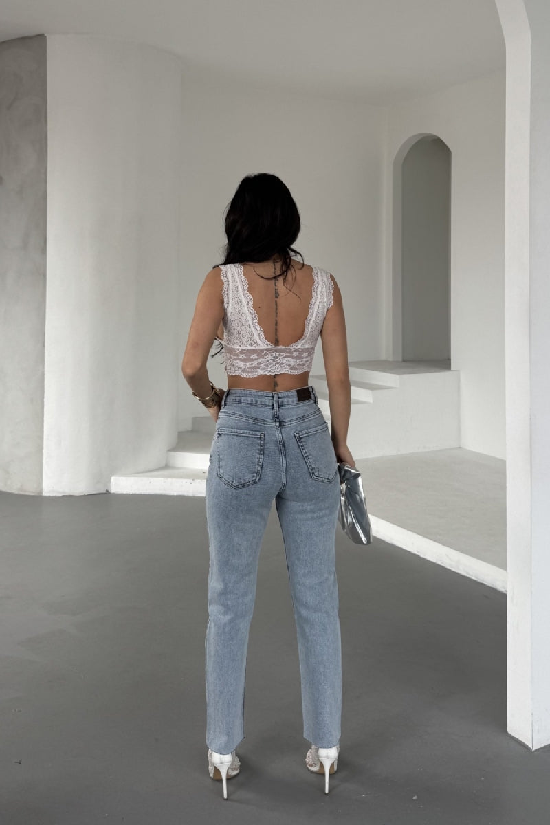 Taşlı Mom Fit Kot Pantolon - Kar Yıkama Açık Mavi - (28-33) - 4