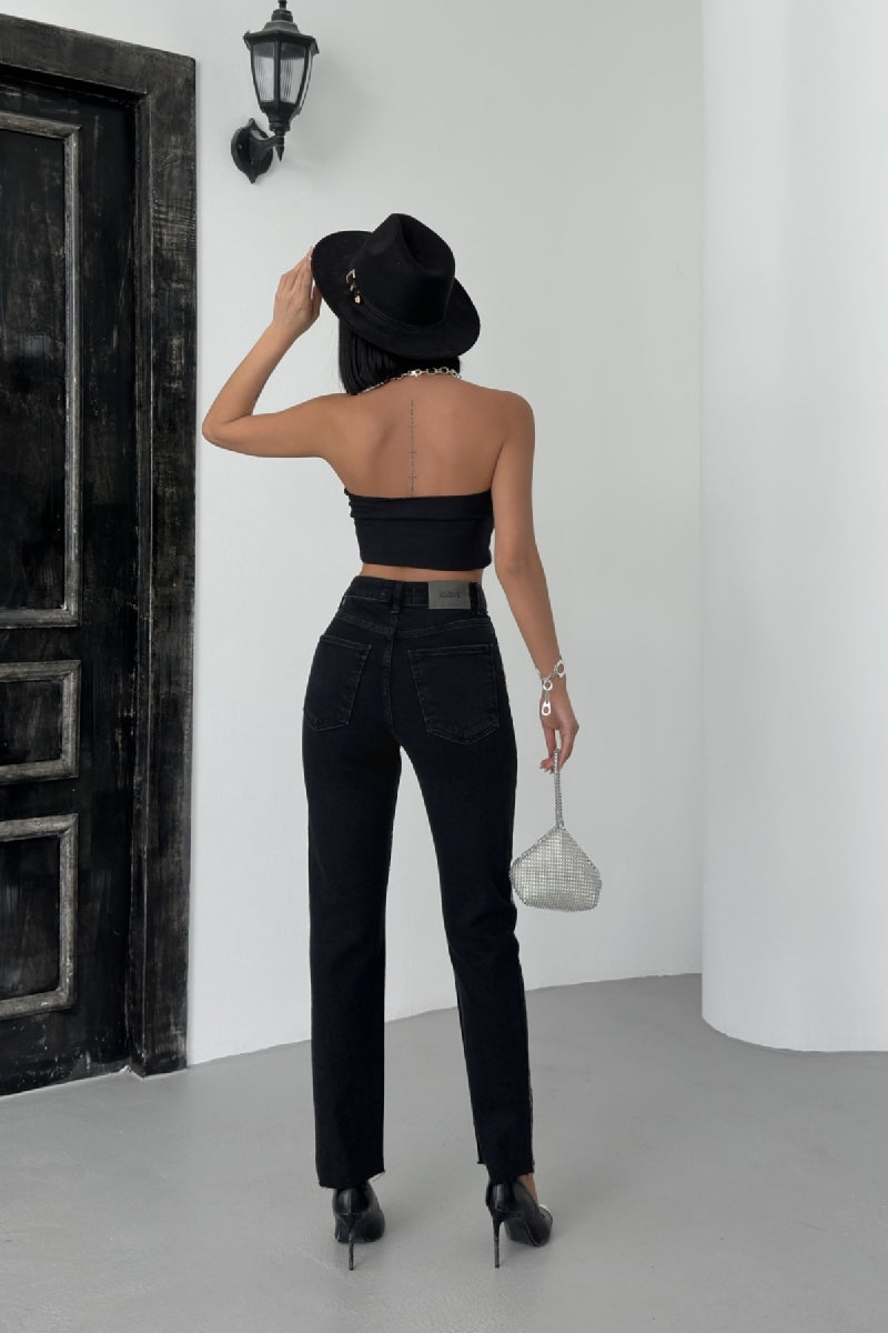Taşlı Mom Fit Kot Pantolon - Düz Antrasit - (26-31) - 3