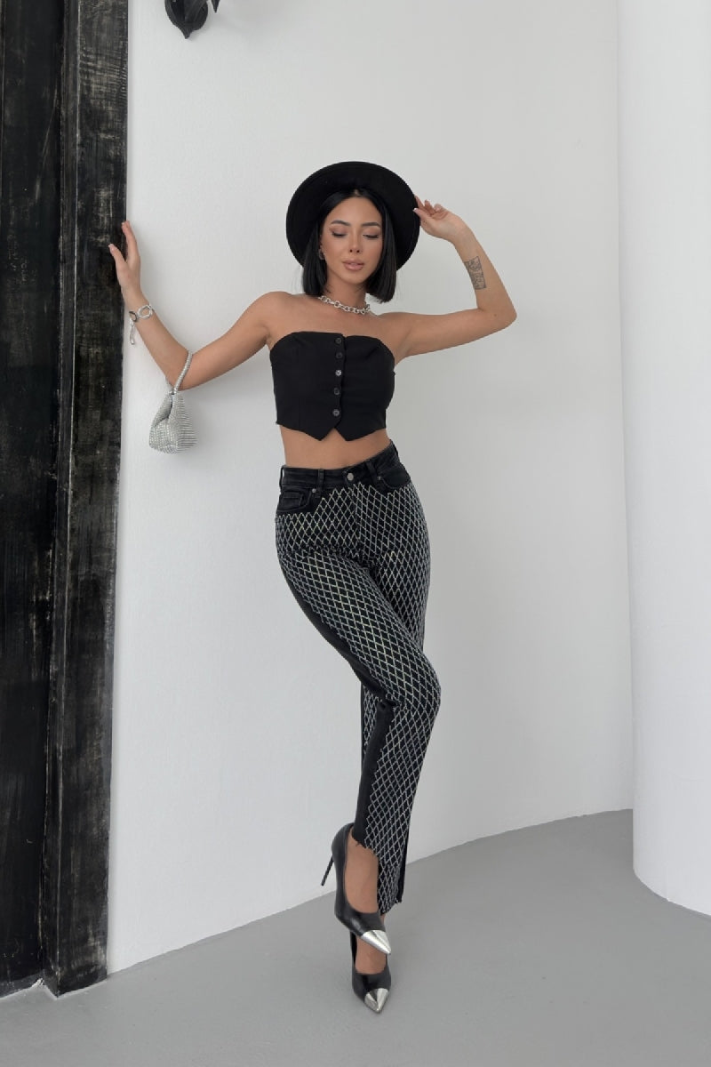 Taşlı Mom Fit Kot Pantolon - Düz Antrasit - (26-31) - 4