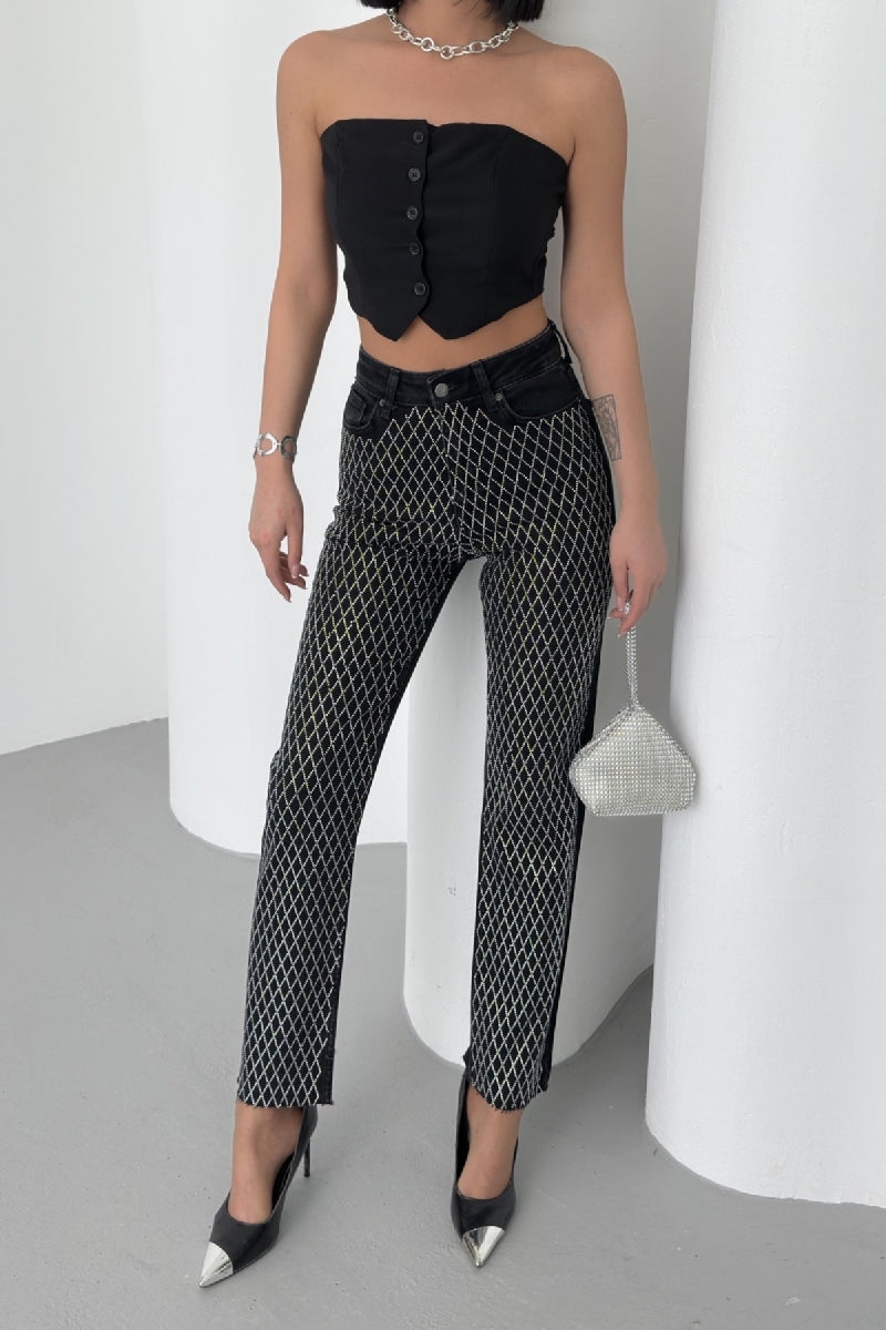 Taşlı Mom Fit Kot Pantolon - Düz Antrasit - (26-31) - 6