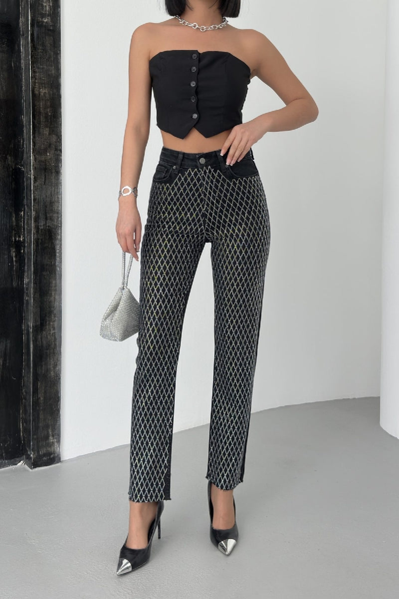 Taşlı Mom Fit Kot Pantolon Düz Antrasit