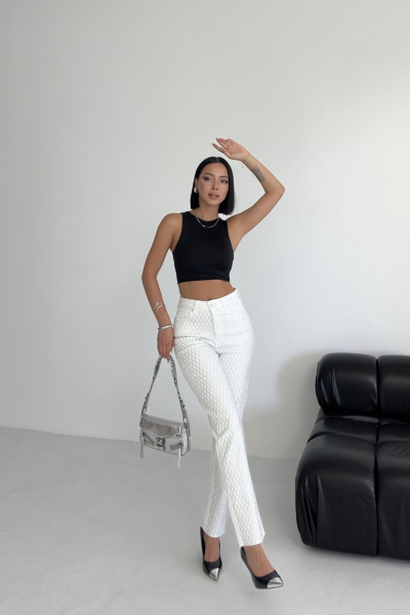 Taşlı Mom Fit Kot Pantolon - Beyaz - (26-31) - 6