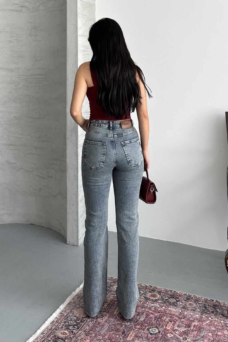 Kesik Paça Straight Fit Kot Pantolon - Orta Mavi ve Tintli - (26-31) - 5