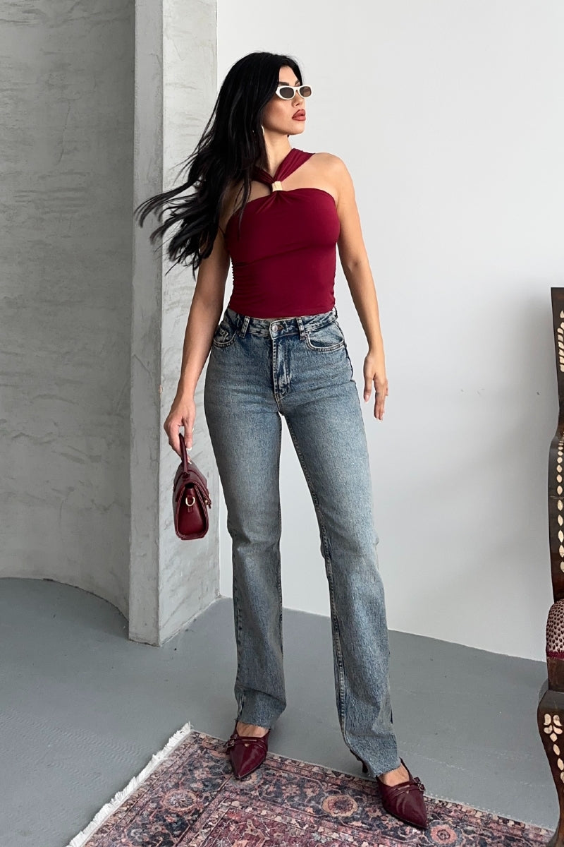 Kesik Paça Straight Fit Kot Pantolon Orta Mavi ve Tintli