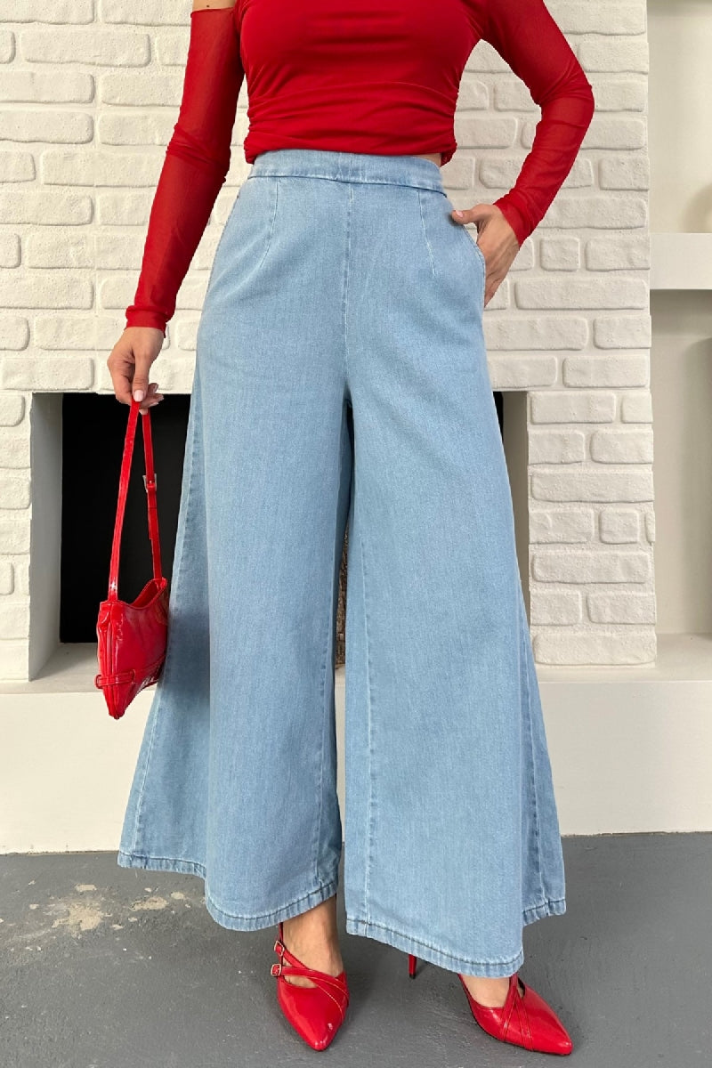 Arkası Lastikli Bol Paça Pantolon - Açık Mavi Kot - (36-42-6) - 2