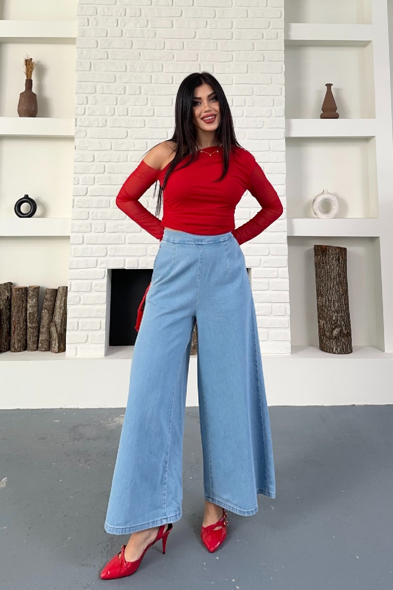 Arkası Lastikli Bol Paça Pantolon Açık Mavi Kot
