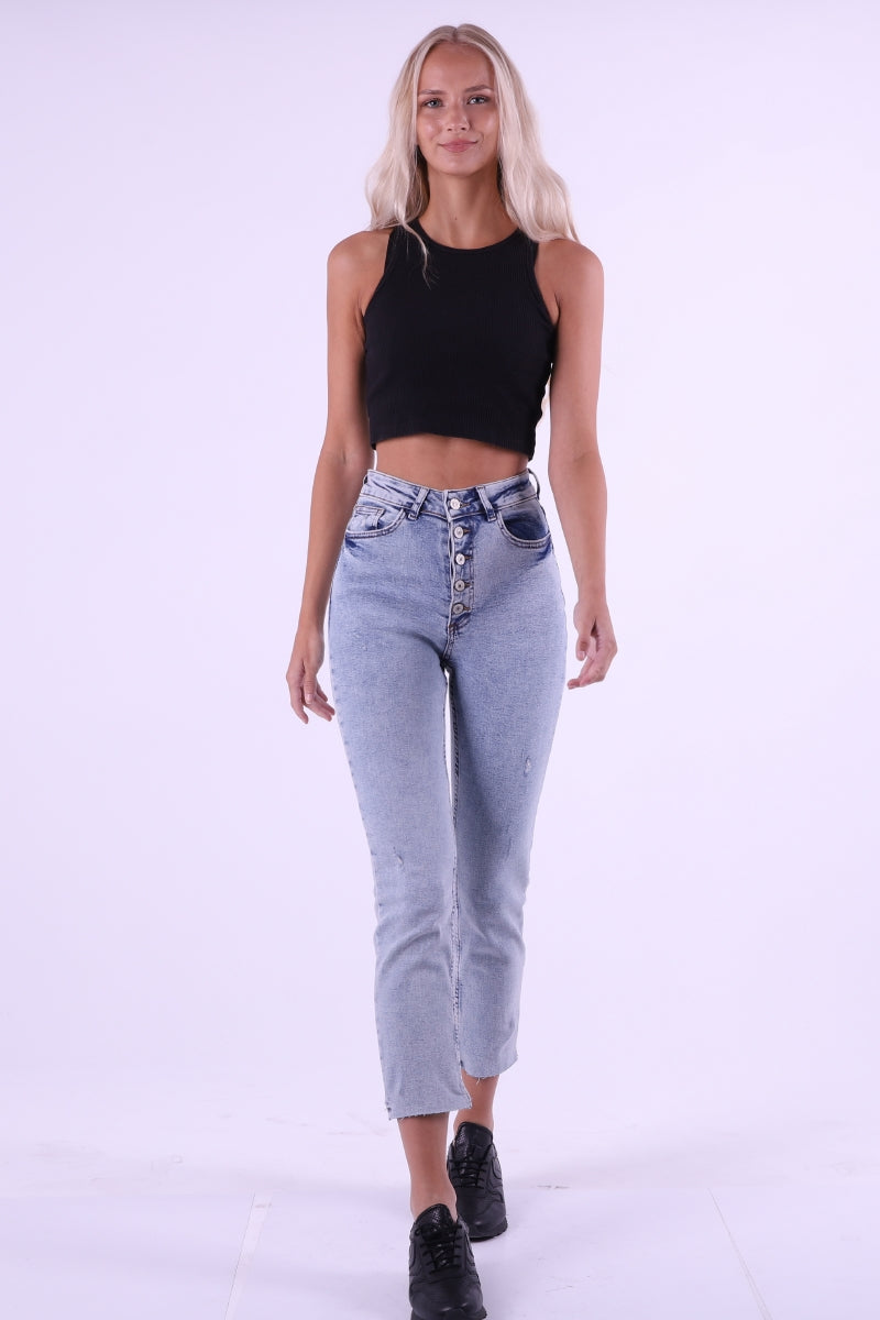 5 Düğmeli Mom Fit Kot Pantolon - Kar Yıkama Açık Mavi - (26-28) - 2