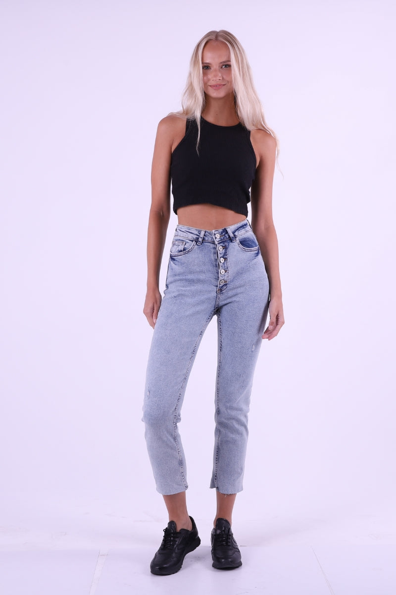 5 Düğmeli Mom Fit Kot Pantolon - Kar Yıkama Açık Mavi - (26-28) - 3