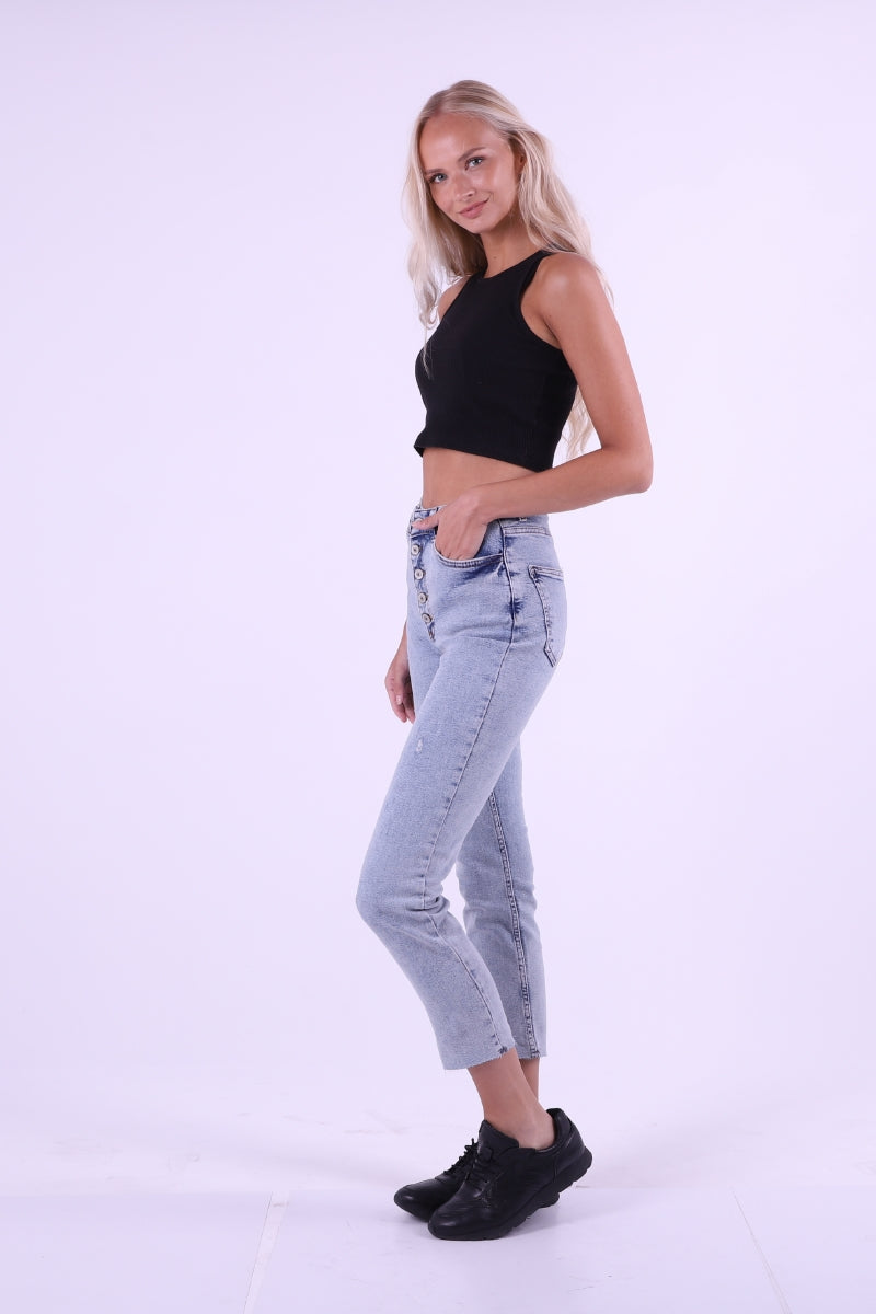 5 Düğmeli Mom Fit Kot Pantolon - Kar Yıkama Açık Mavi - (26-28) - 5