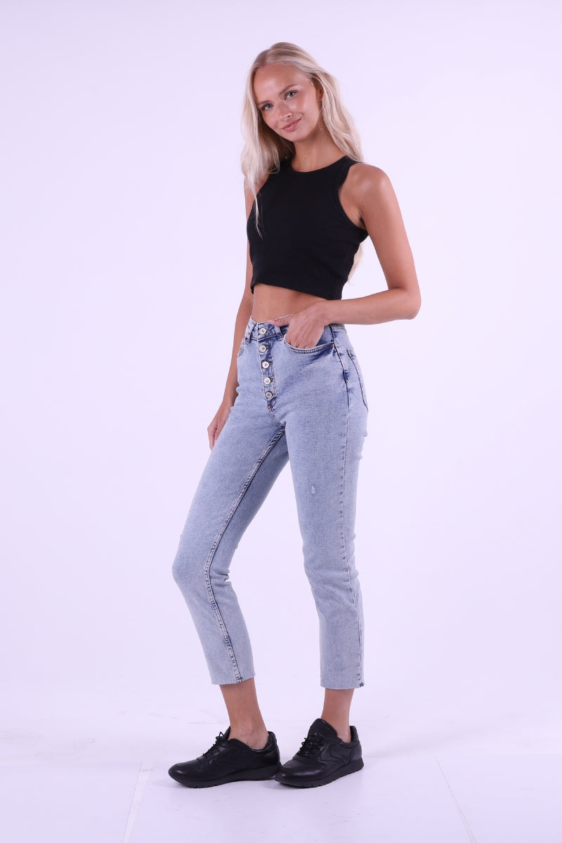 5 Düğmeli Mom Fit Kot Pantolon Kar Yıkama Açık Mavi