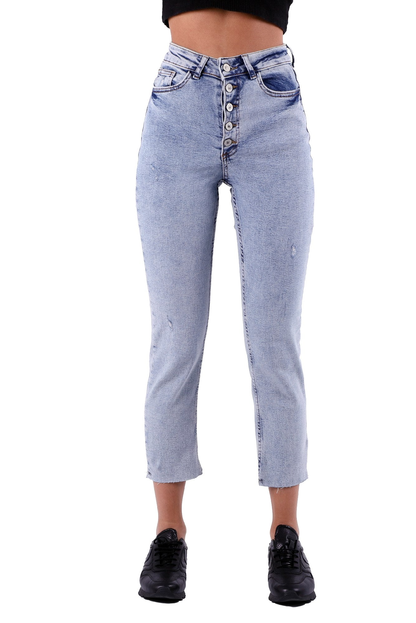 5 Düğmeli Mom Fit Kot Pantolon - Kar Yıkama Açık Mavi - (26-31) - 2