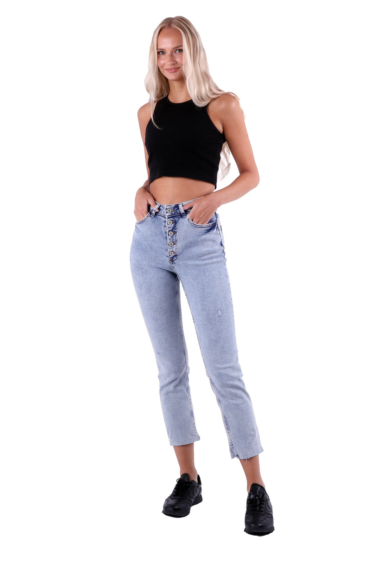 5 Düğmeli Mom Fit Kot Pantolon Kar Yıkama Açık Mavi