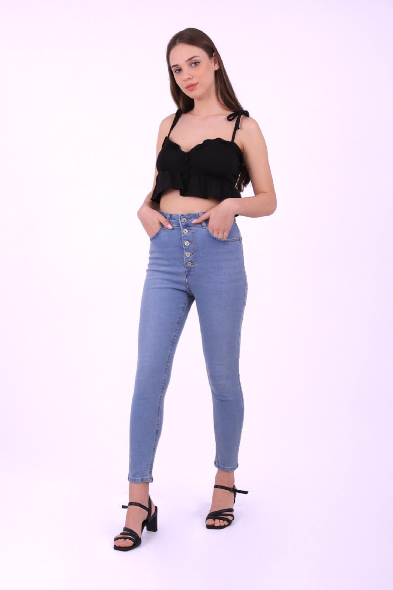 Önü 5 Düğmeli Skinny Kot Pantolon Açık Mavi Kot