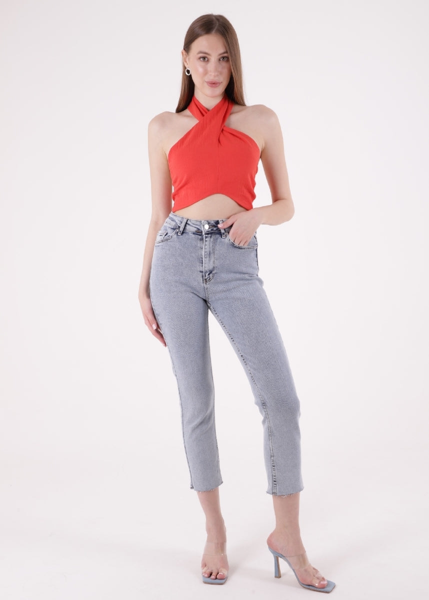 Dikişsiz Paça Mom Fit Kot Pantolon Kar Yıkama Açık Mavi