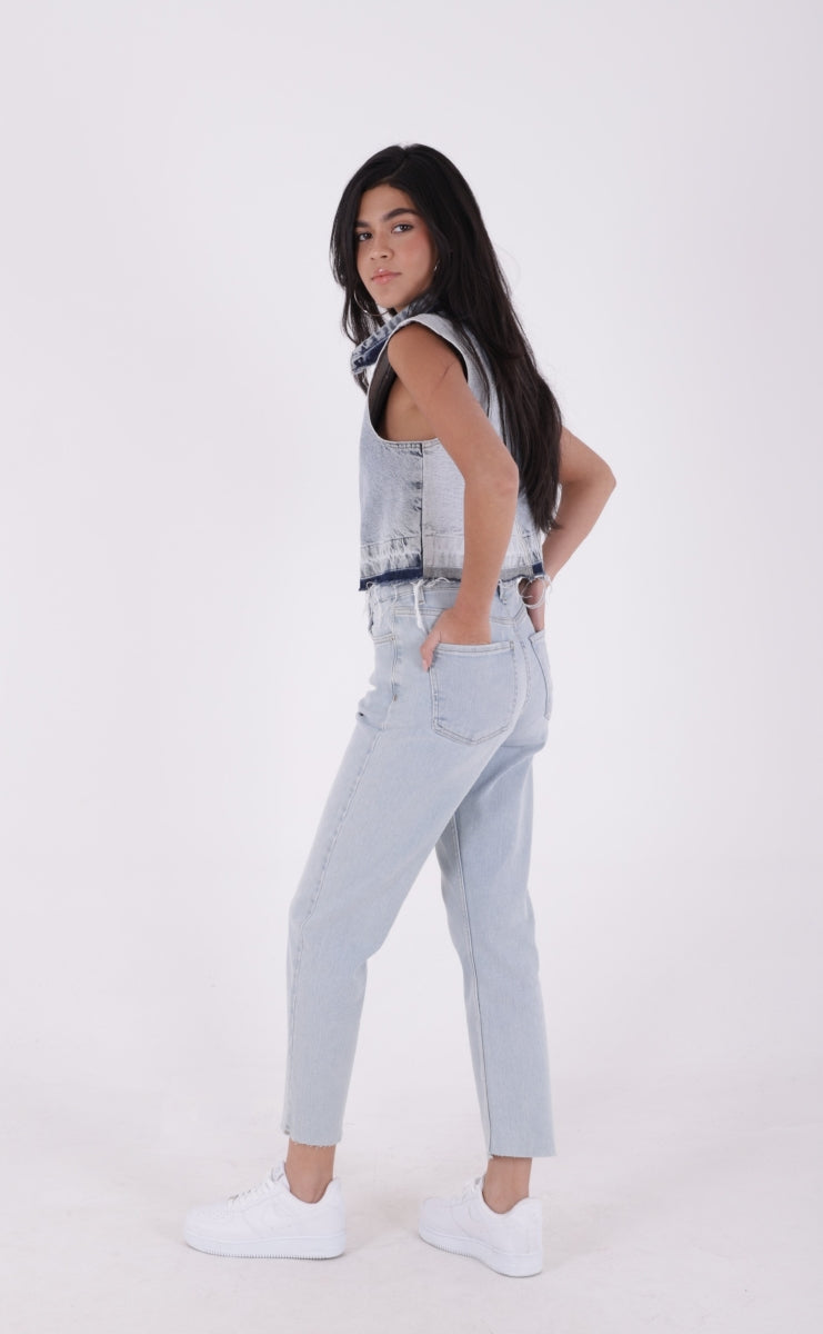 Dikişsiz Paça Mom Fit Kot Pantolon - Buz Mavisi ve Tintli - (28-33) - 5