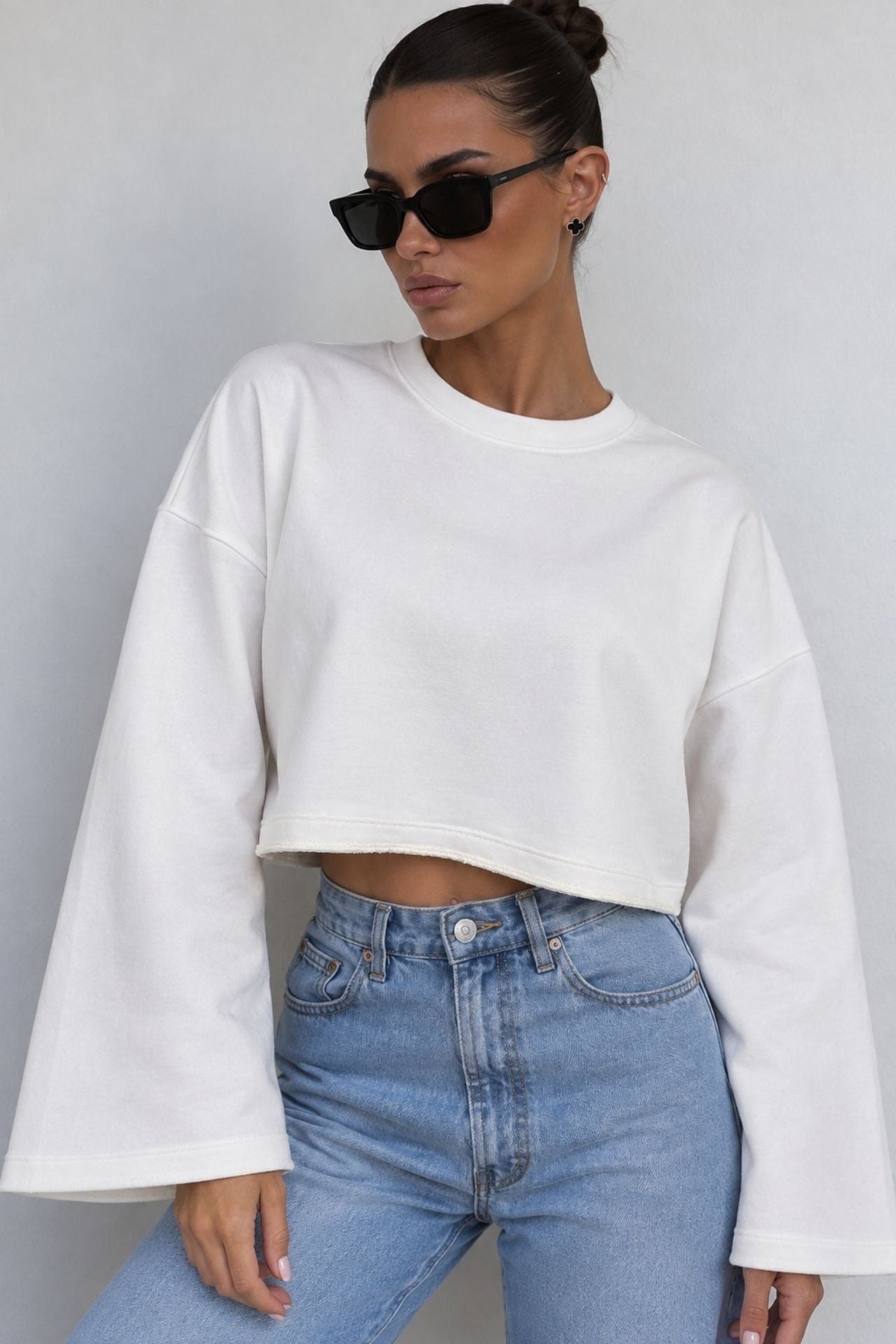 Geniş Kol Bisiklet Yaka Basic Sweatshirt - Siyah