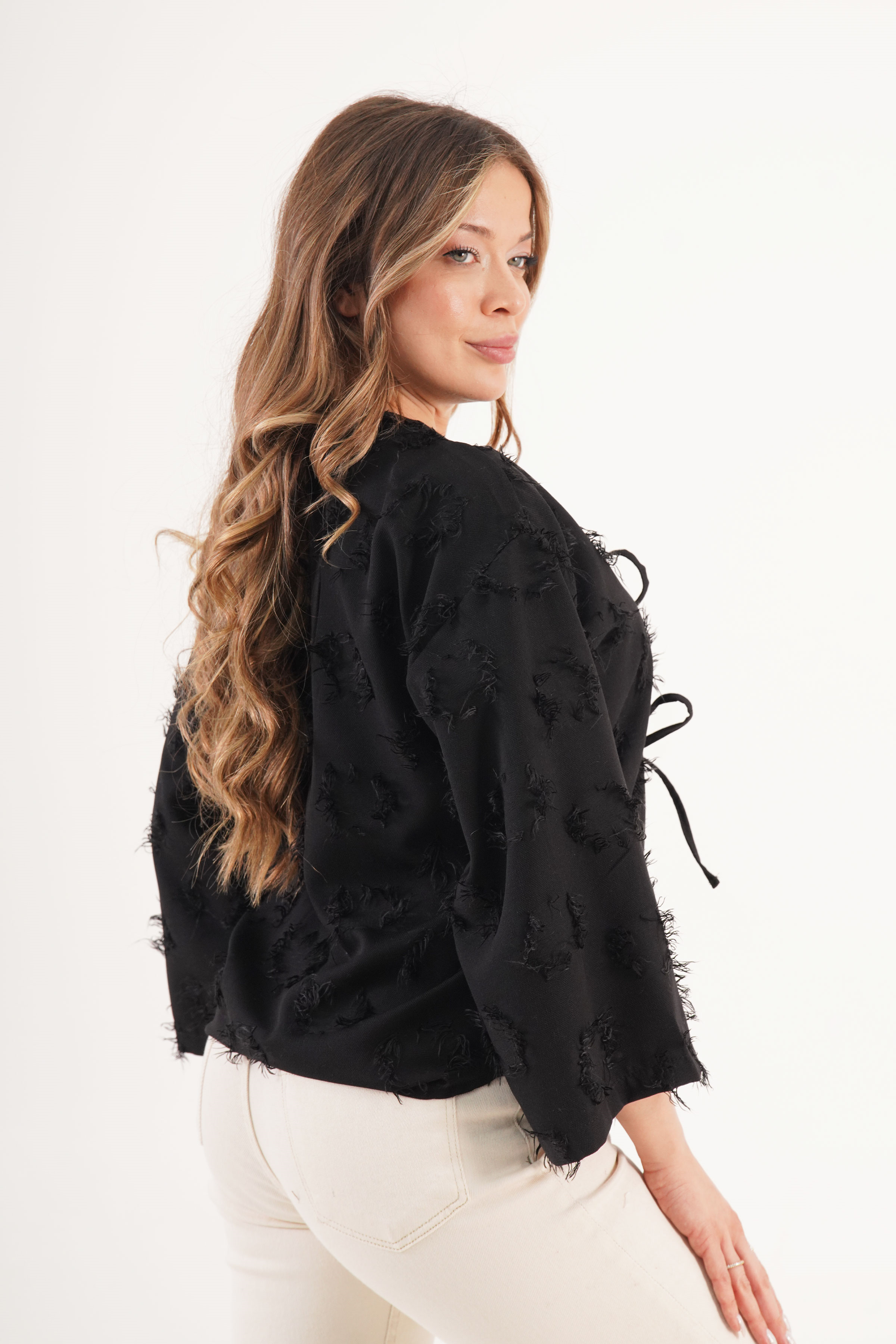 Saçaklı İp Bağlamalı Toptan Siyah Kimono