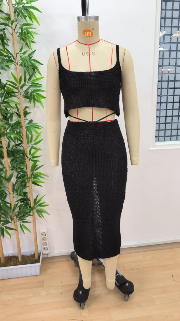 Kadın Askılı Crop Bel Detaylı Derin Yırtmaçlı Etek Triko Ikili Takım , 36113
