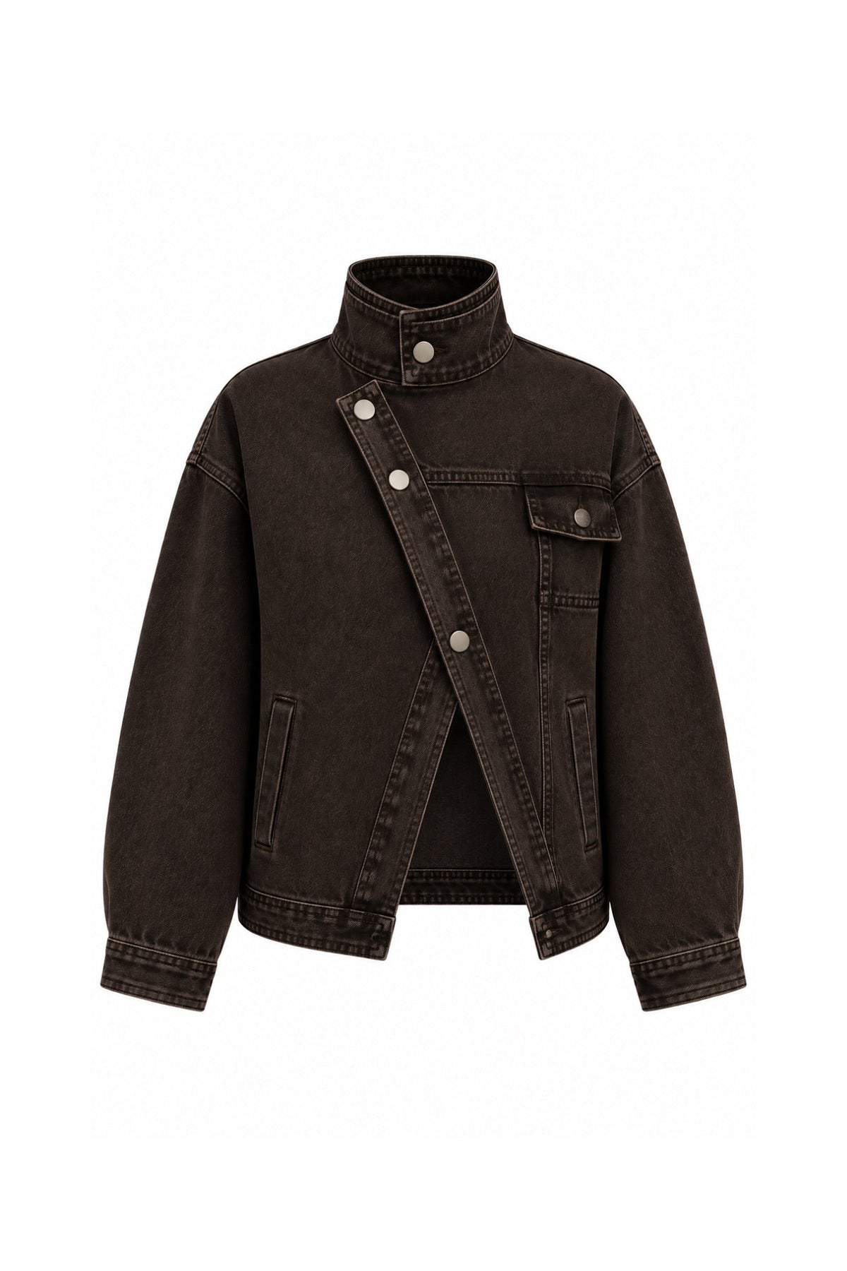 Dik Yaka Asimetrik Düğme Detay Denim Ceket - Mavi