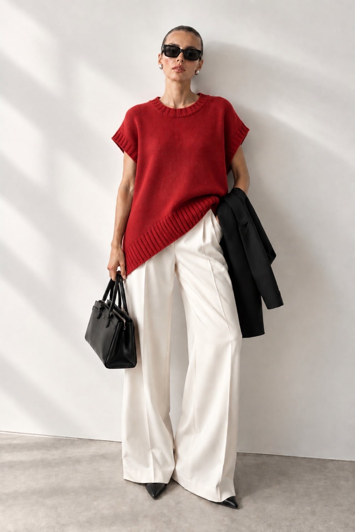 Oversize Basic Triko Süveter - Kırmızı