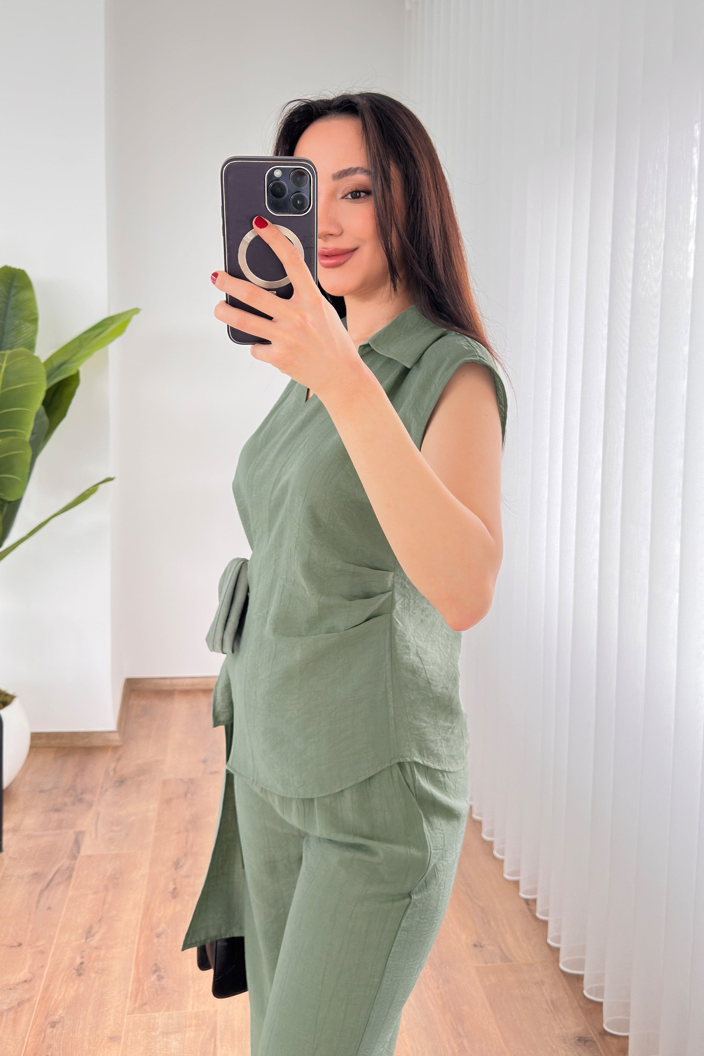 Beli Kuşak Bağlamalı Bluz Pantolon Toptan Haki Takım