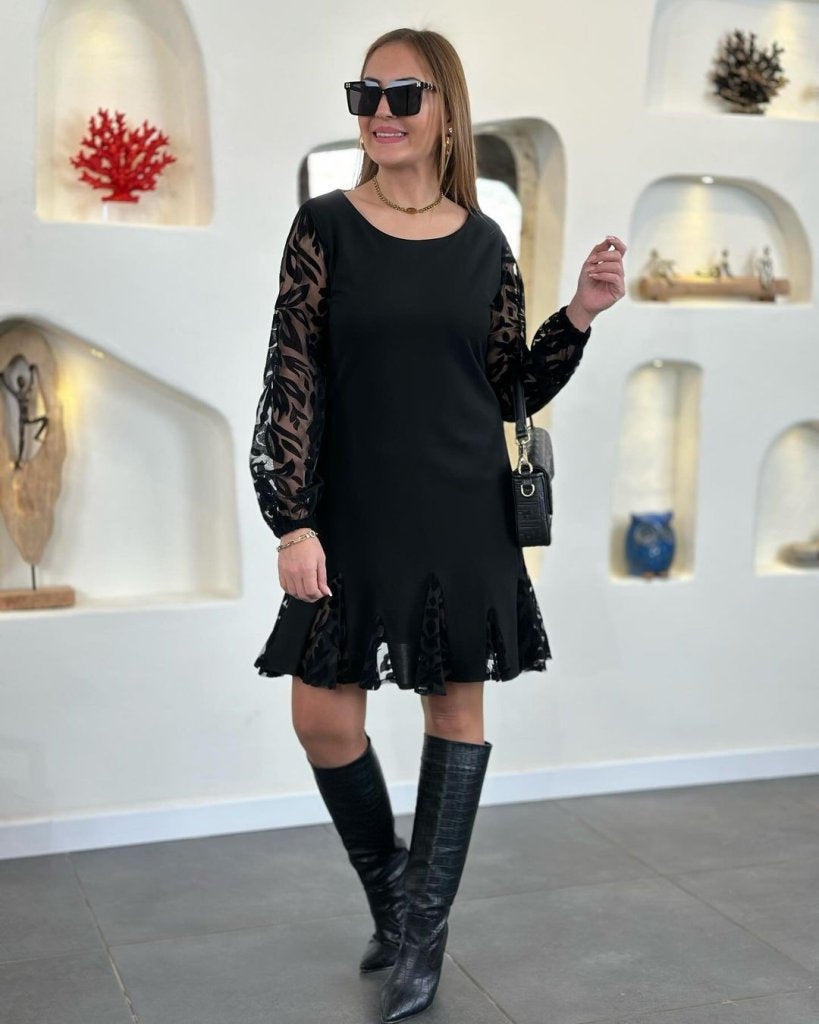 Women's Long Sleeve Crew Neck Imported Crepe Dress with Lace Trim on Cuffs and Hem, 31982