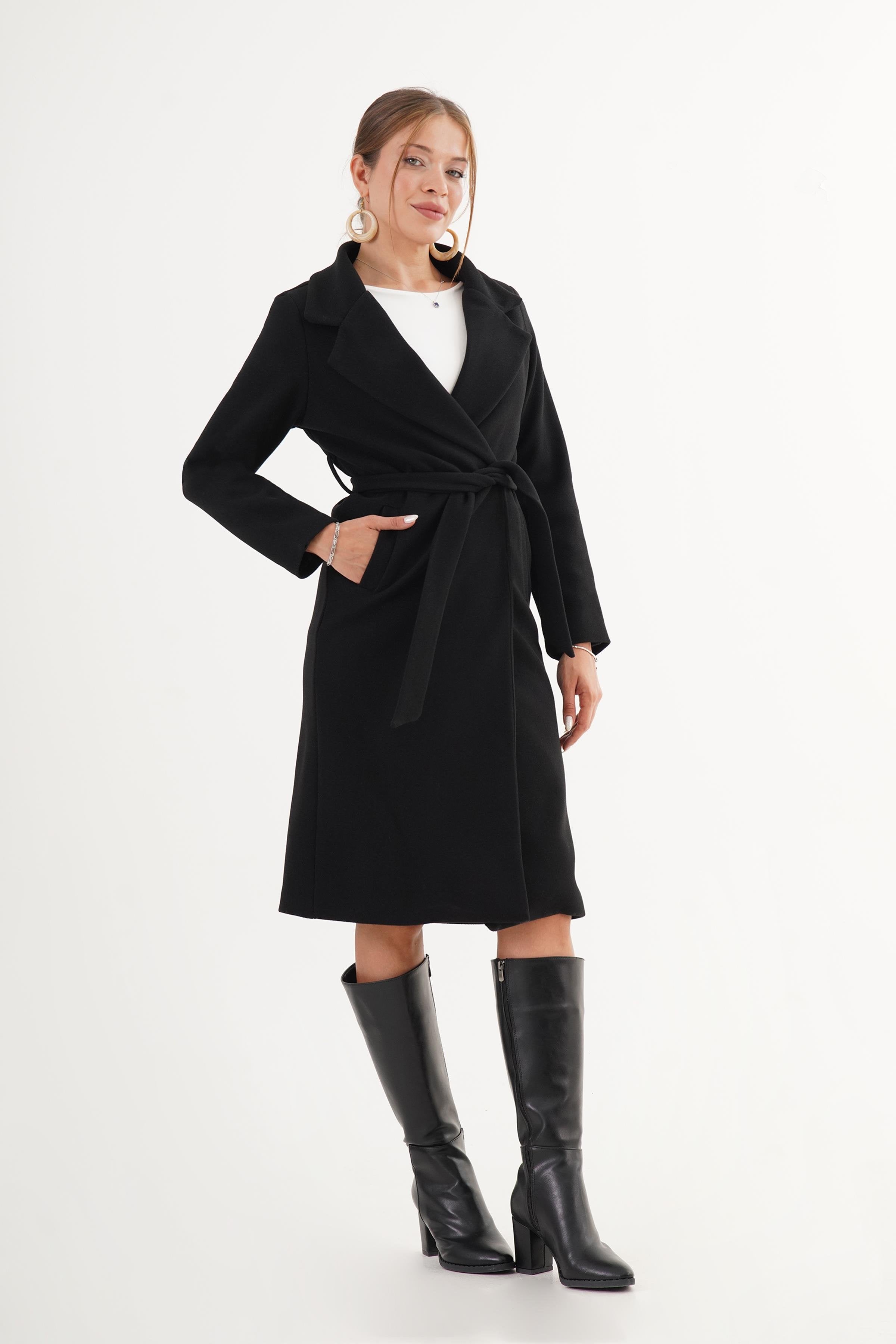 Beli Kuşaklı Astarlı Toptan Siyah Kaşe Kaban