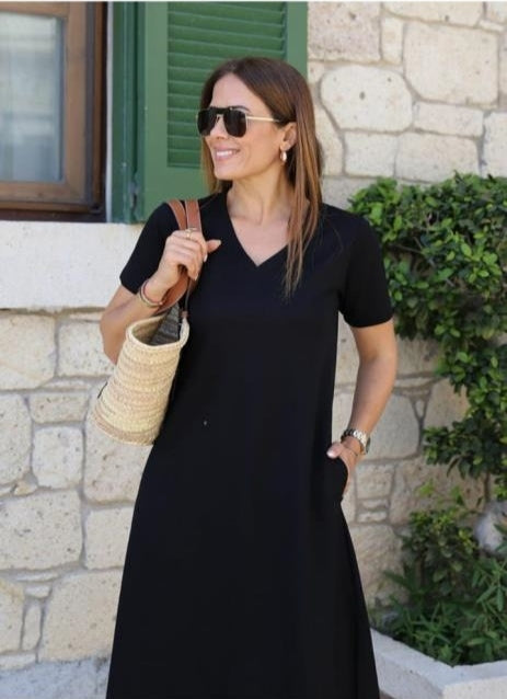 Women's Short Sleeve V-Neck A-Line Viscose Dress with Pockets, 24433