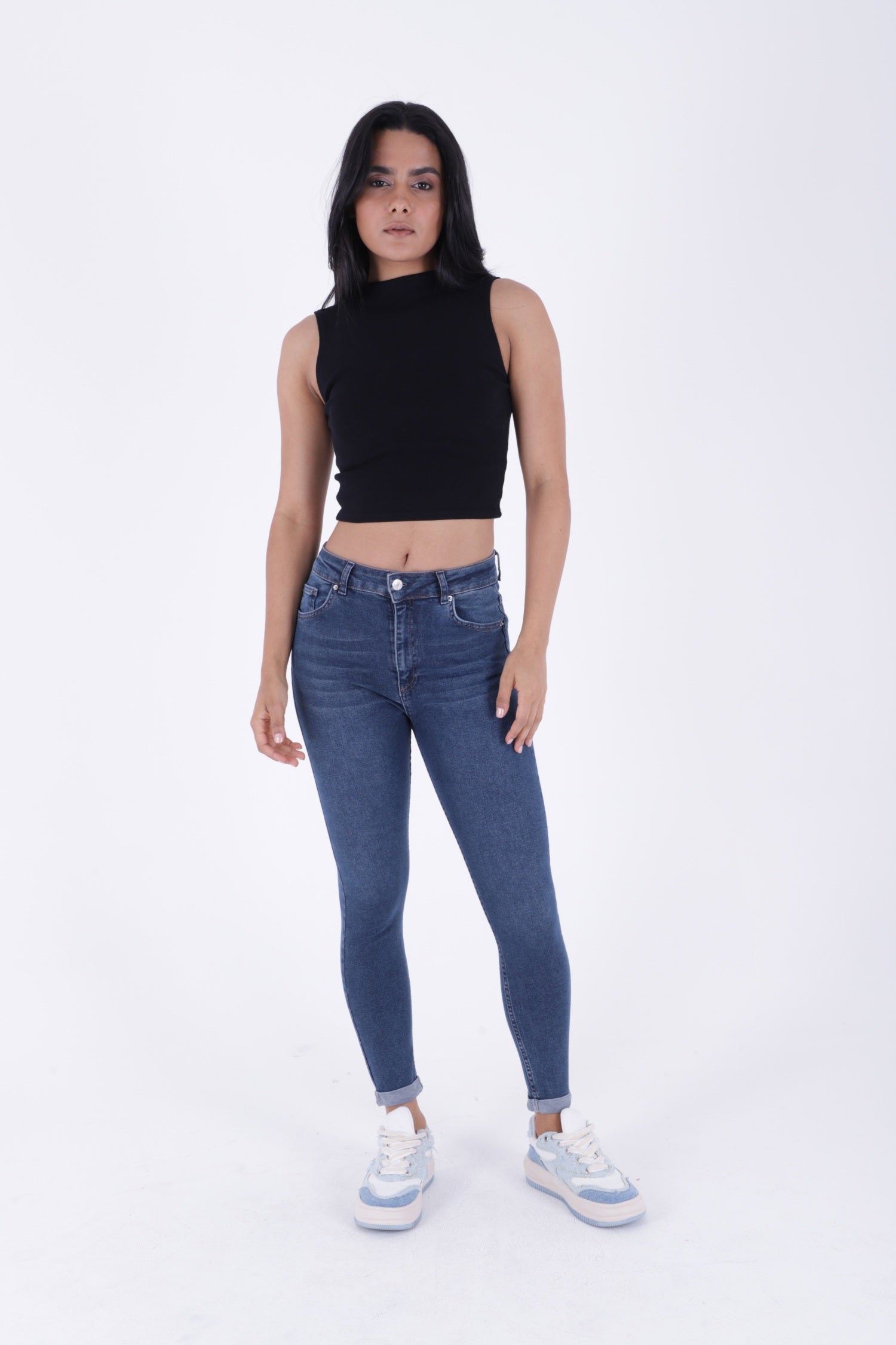 Duble Paça Skinny Kısa Boy Kot Pantolon - Koyu Mavi Kot - (26-31) - 2